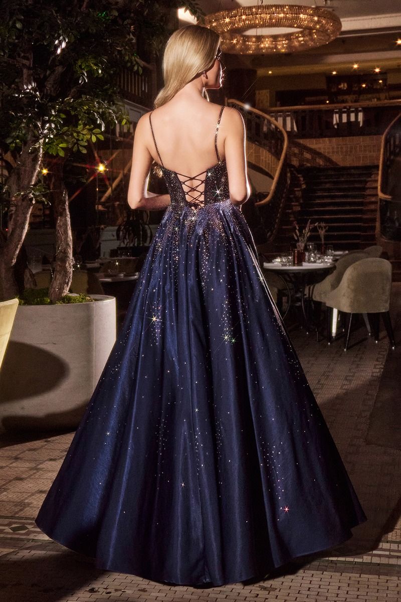 EVANGELINE celestial corset prom dress with beaded stars and plunging neckline, Brisbane to Gold Coast.