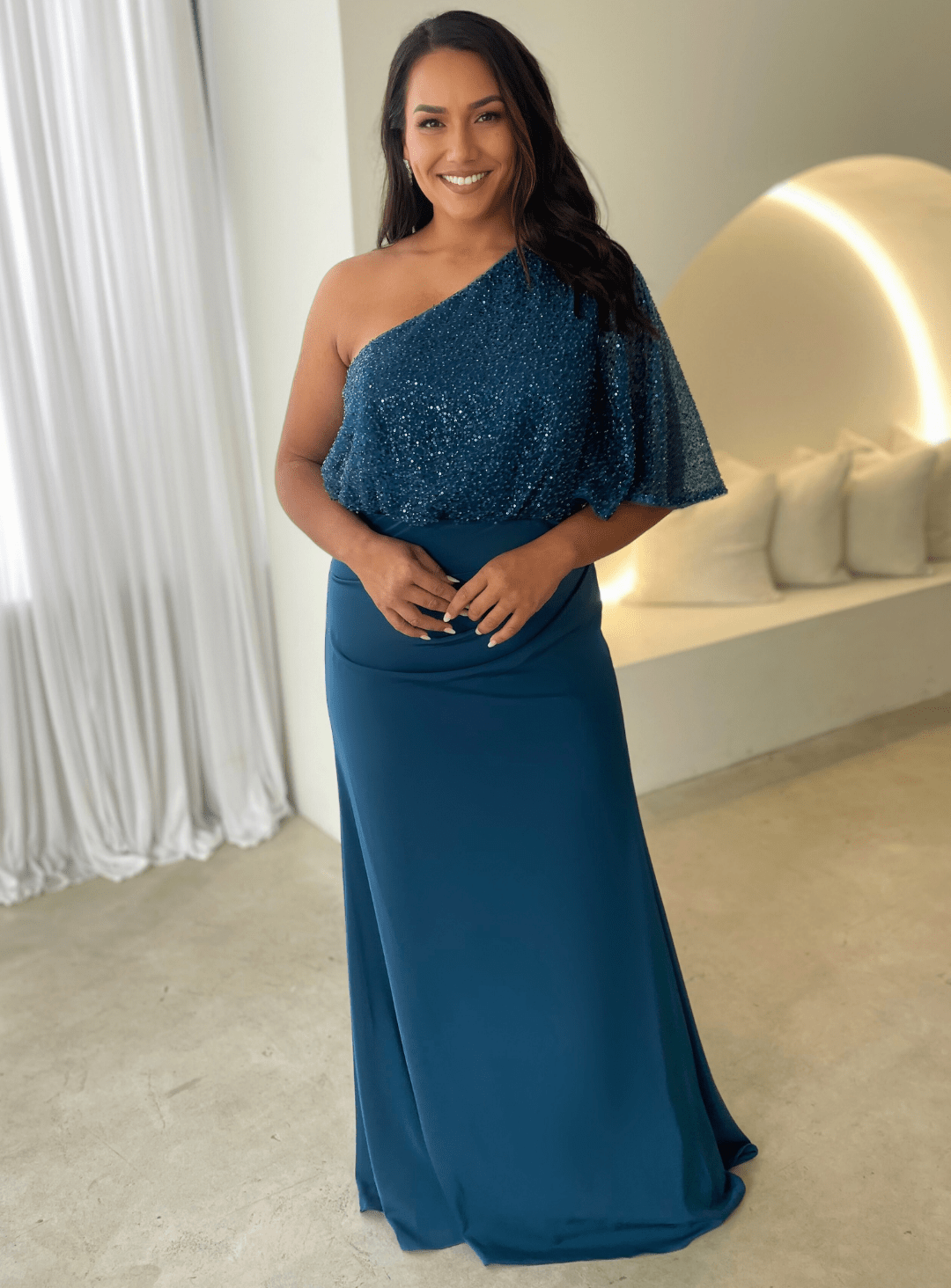 Trellis Lane COLLEEN One Shoulder Draped Sash Fitted Evening Gown in Australia | One Honey Boutique