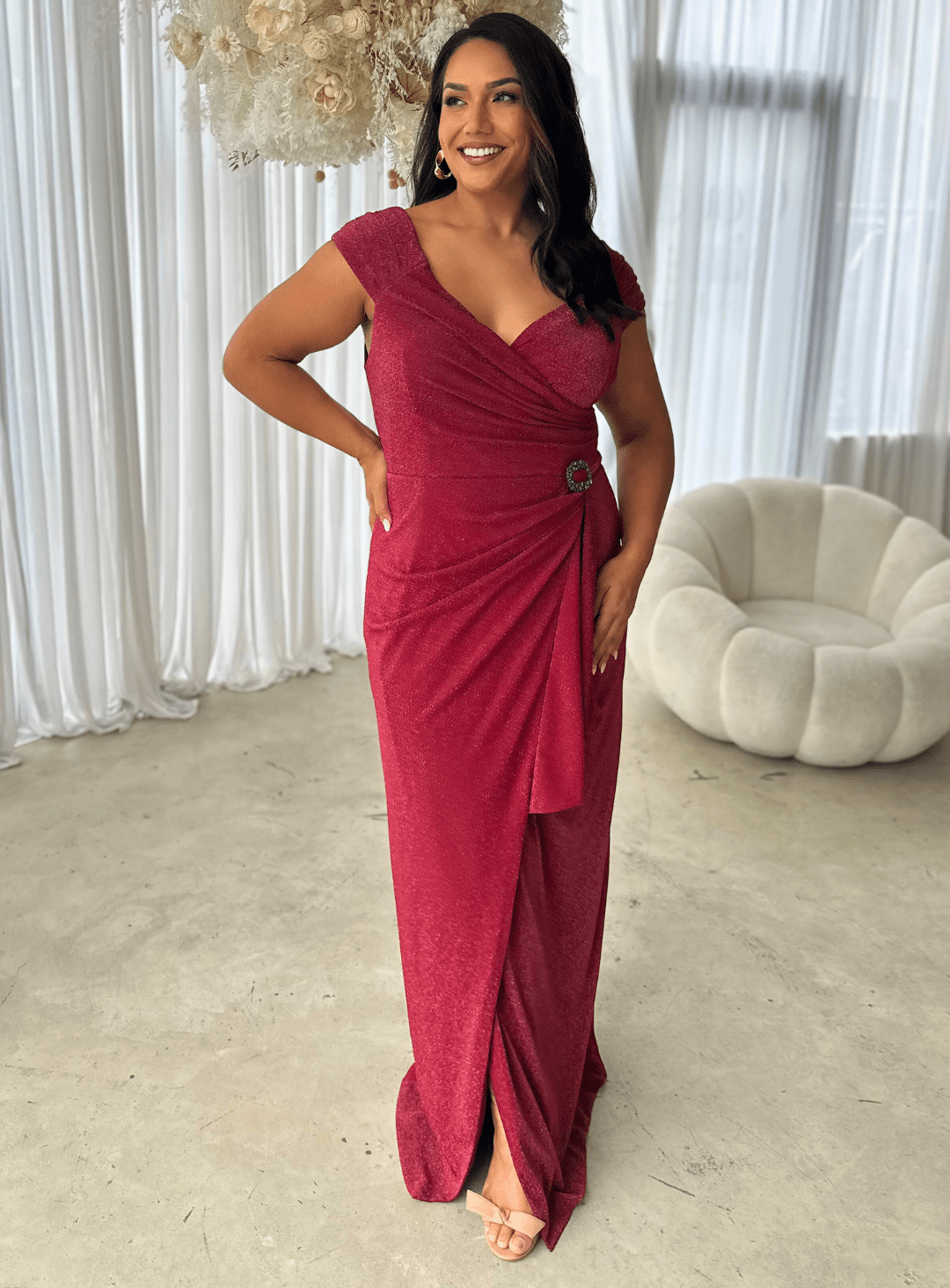 Trellis Lane CONNIE Off Shoulder Ruched Maxi Gown in Australia | One Honey Boutique