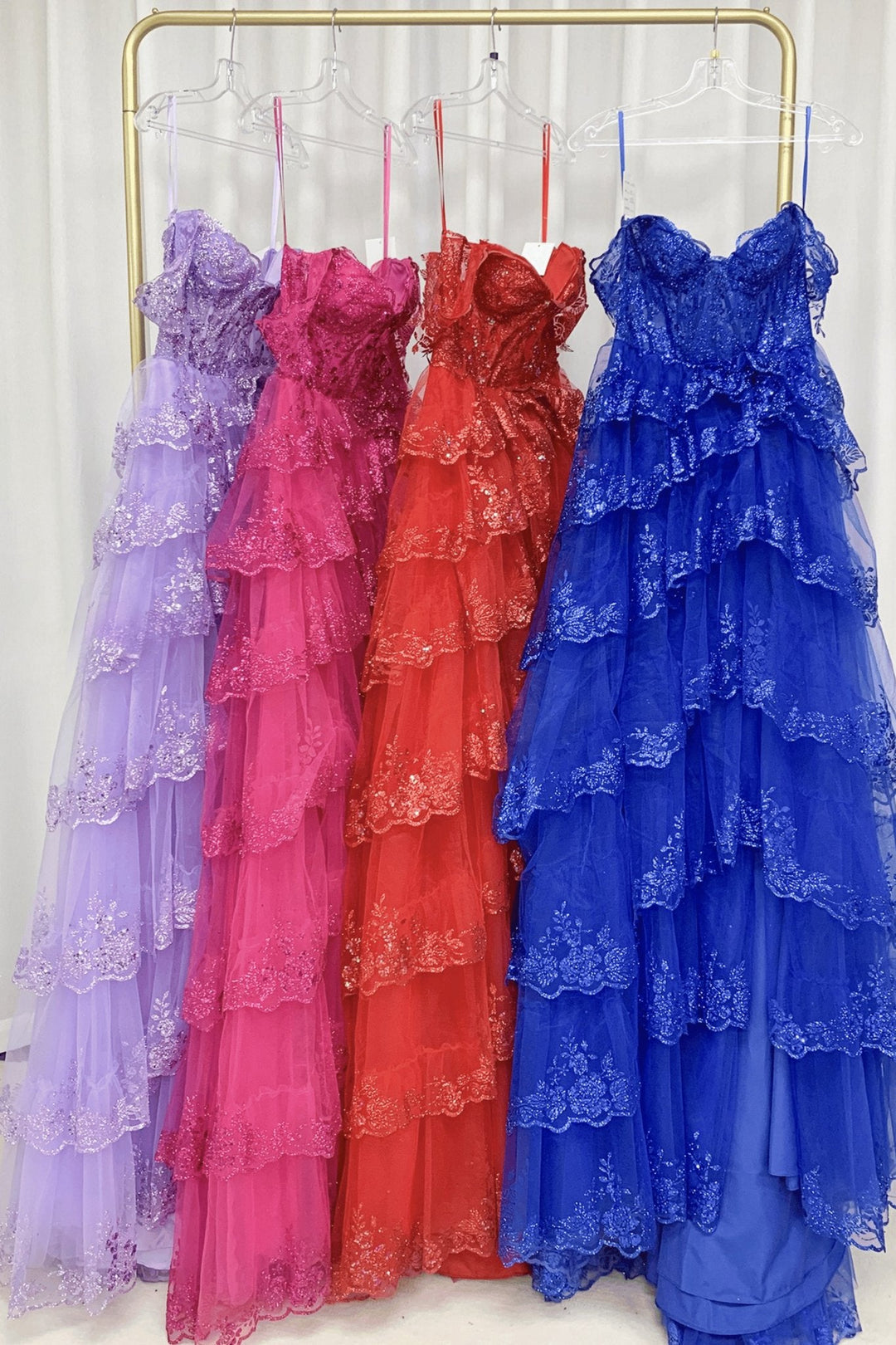 Honey Couture NATASHA Off Shoulder Layered Tulle Ball Gowns in various colors; Australian Designer affordable evening prom dresses.