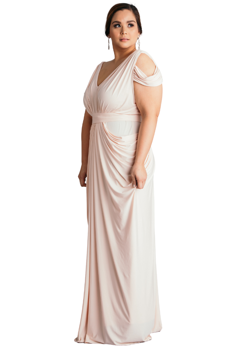 DARLA Silk Jersey Mermaid Bridesmaid Dress with deep-V neckline and cold shoulder, column skirt style. Brisbane to Gold Coast.