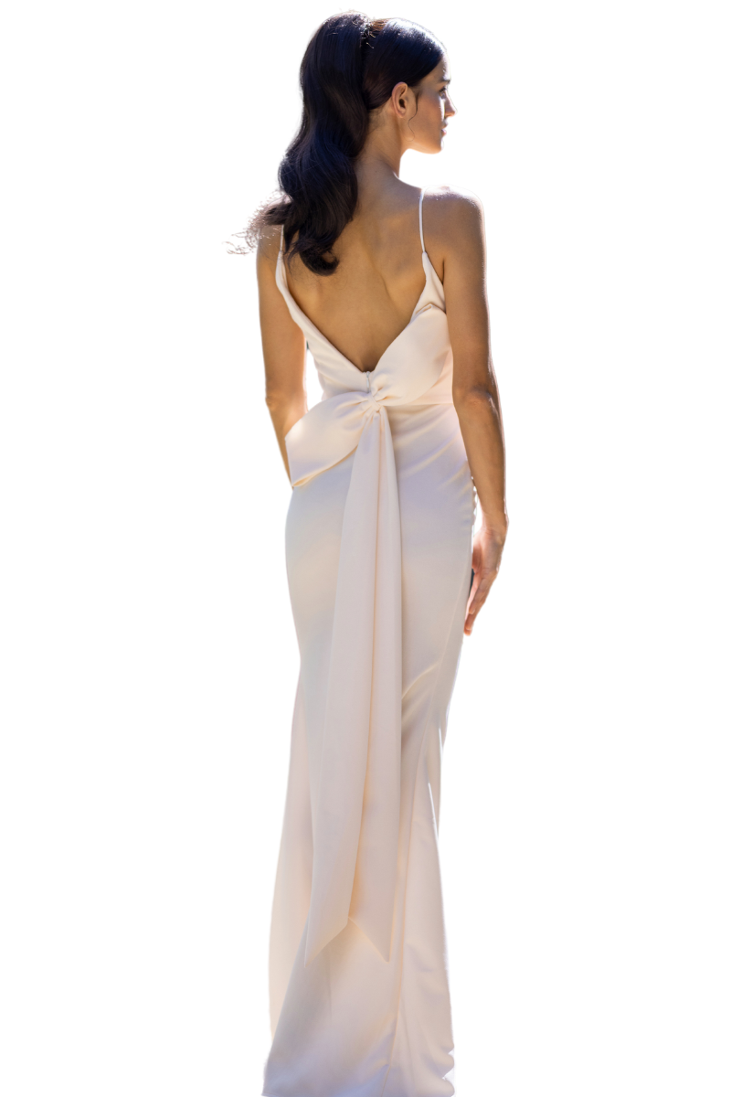 DAVINA Stretch Crepe Mermaid Bridesmaid Dress with bow detail and spaghetti straps, low back, Brisbane to Gold Coast, Australia.