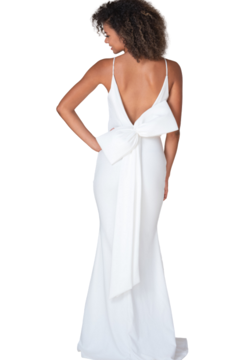 Pia Gladys Perey DAVINA white mermaid bridesmaid dress with bow detail, low back zip up. Brisbane to Gold Coast