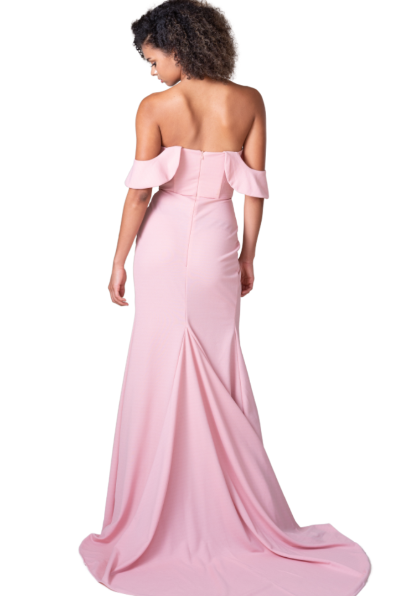 Pia Gladys Perey DELILAH off-shoulder mermaid dress with flounce detail, perfect for weddings. Back view showcasing elegant drape. Brisbane to Gold Coast.