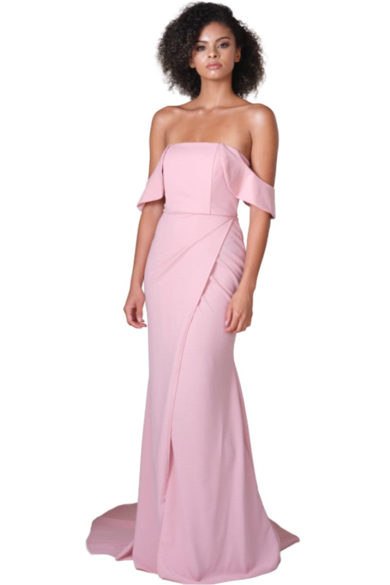 DELILAH Stretch Crepe off-shoulder mermaid bridesmaid dress with flounce detail and leg slit, Brisbane to Gold Coast.