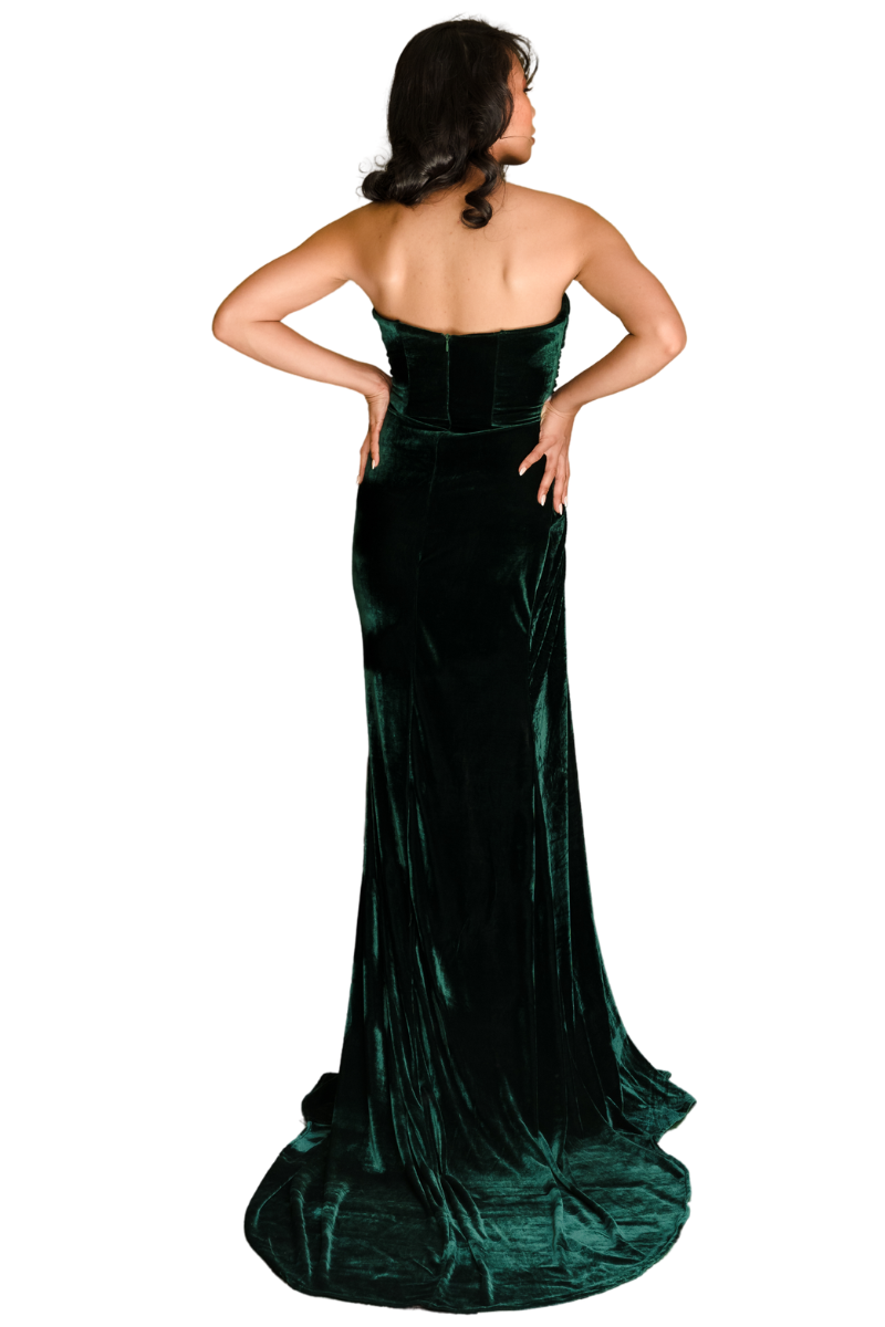 ESTRELLA Velvet Strapless Mermaid Bridesmaid Dress with mermaid silhouette and floor-length train. Brisbane to Gold Coast.