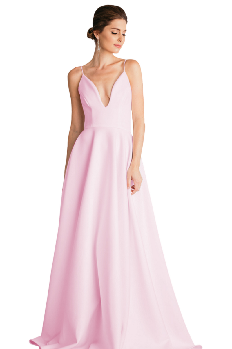EVITA Bridesmaid Dress with deep V neckline and spaghetti straps, elegant A-line silhouette, Brisbane to Gold Coast, Australia.