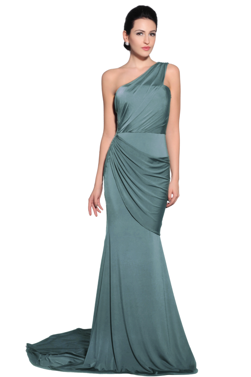 GARYN silk jersey asymmetrical one-shoulder mermaid dress with draped bodice. Bridesmaid gown with elegant train. Brisbane to Gold Coast.