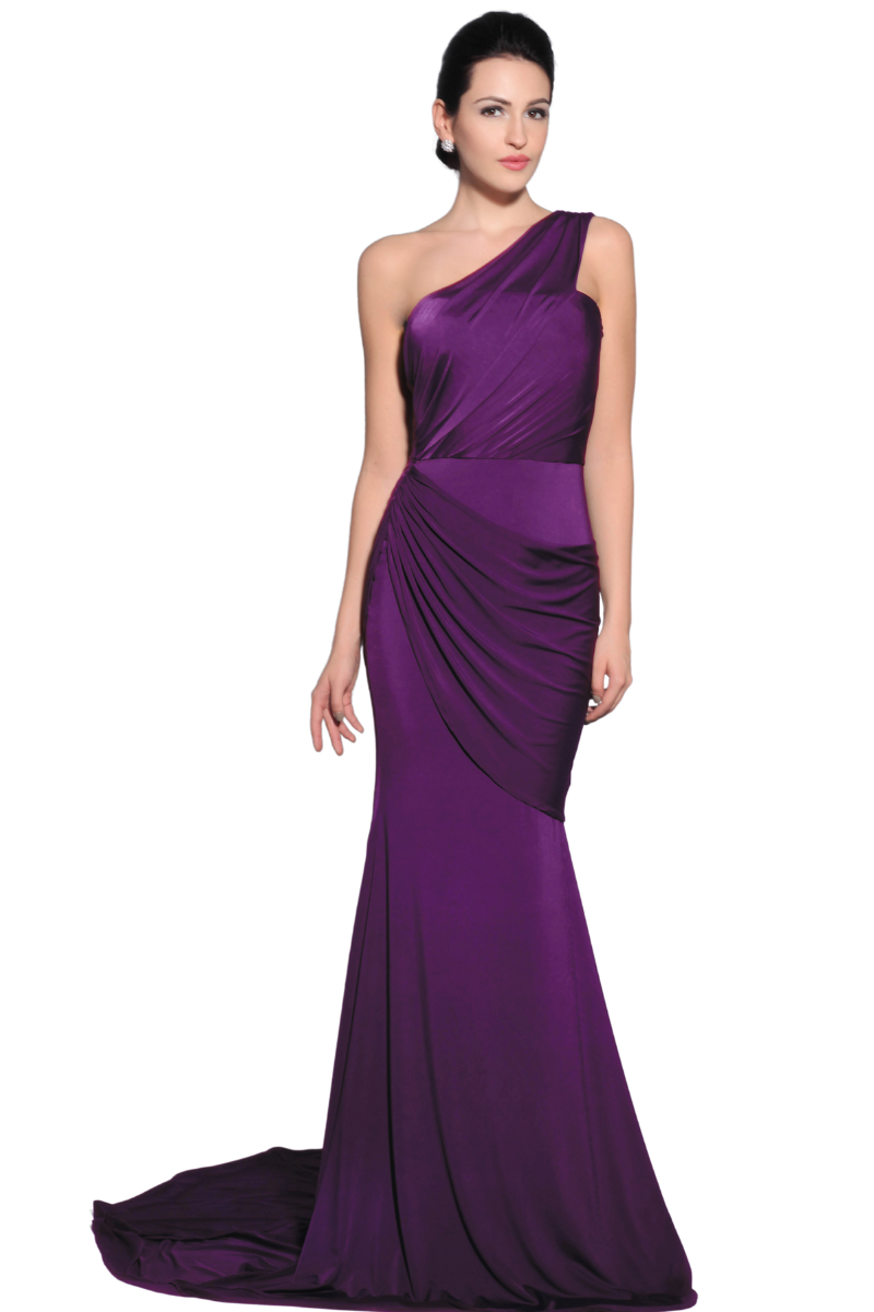 GARYN Silk Jersey dress with asymmetric one-shoulder design, draped bodice, and mermaid train. Bridesmaid dress Brisbane to Gold Coast.