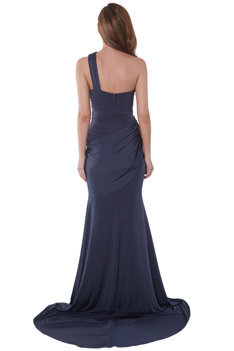 GARYN asymmetric one-shoulder mermaid bridesmaid dress with overlapped drape bodice and train, in silky jersey. Brisbane to Gold Coast.