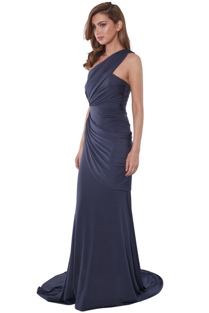 GARYN Silk Jersey One Shoulder Mermaid Dress with overlapped drape bodice and dramatic train trail, evening gown, Brisbane to Gold Coast.