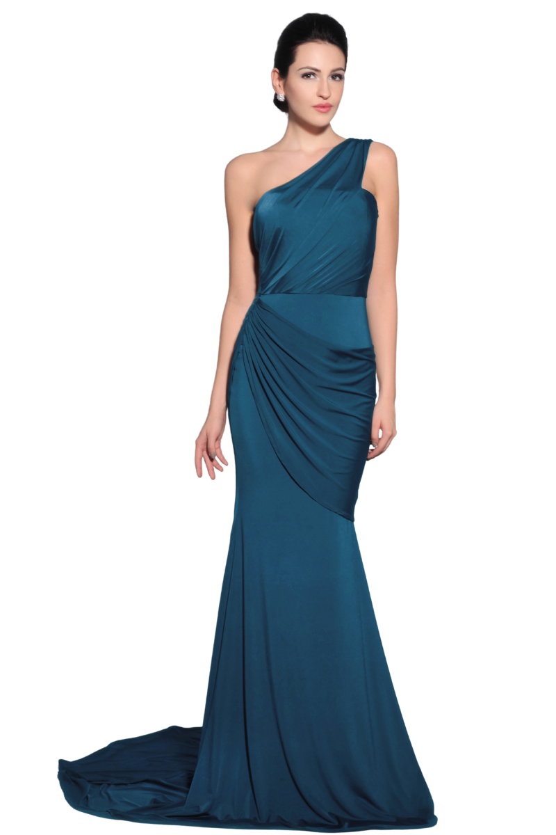 GARYN asymmetric one-shoulder teal mermaid bridesmaid dress with draped bodice and dramatic train, Brisbane to Gold Coast Australia.