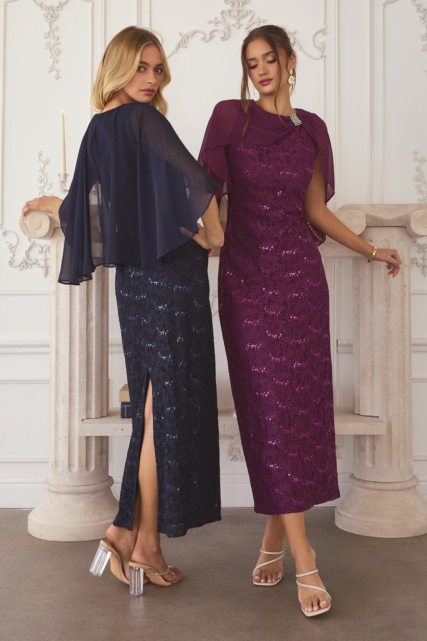 GRETA Sequin Lace Fitted Evening Dress with Chiffon Cape in Australia | One Honey Boutique