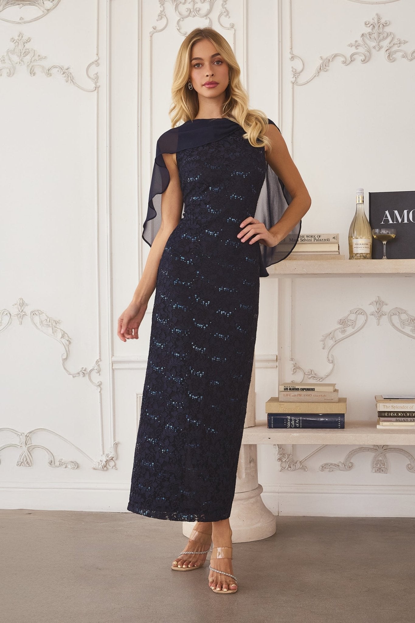 GRETA Sequin Lace Evening Dress with Cape | One Honey GRETA Sequin Lace Evening Dress with Cape | One Honey