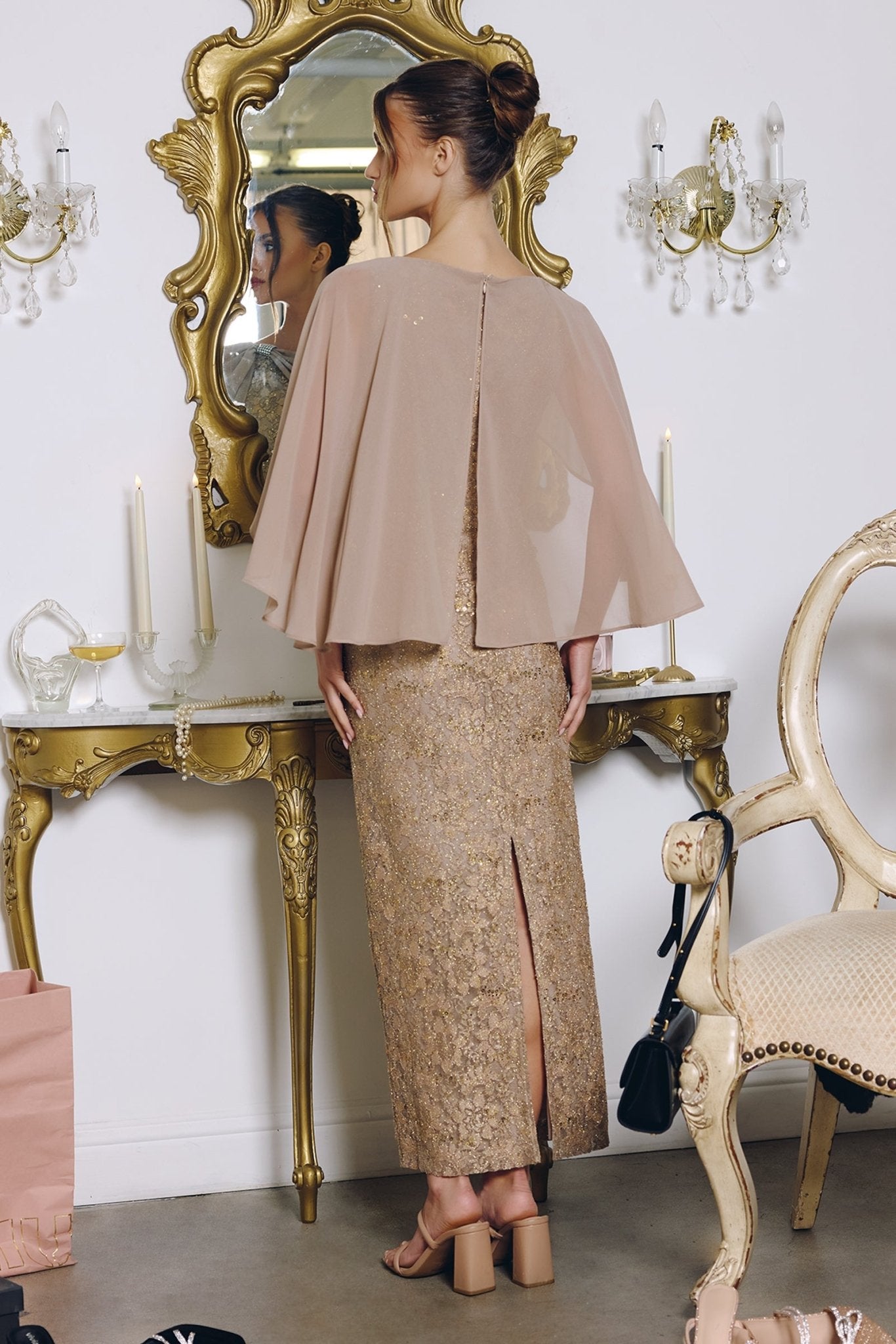 GRETA Sequin Lace Fitted Evening Dress with Chiffon Cape in Australia | One Honey Boutique