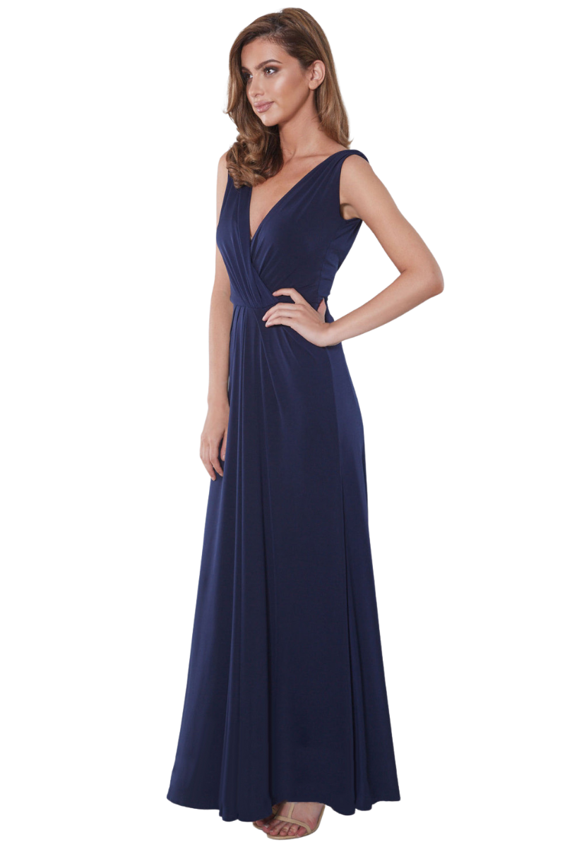 PIA GLADYS PEREY HAILEY Silk Jersey Bridesmaid Dress with V-neck and open pleats, A-line silhouette, Brisbane to Gold Coast.