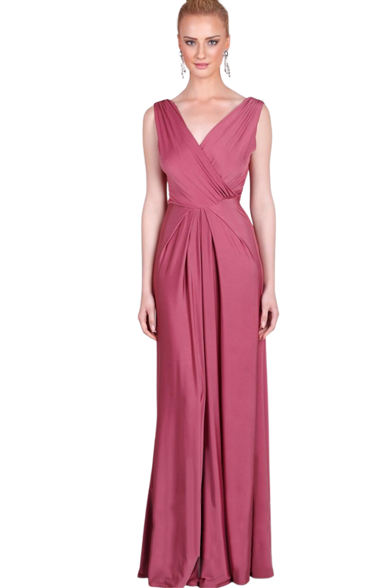 HAILEY Silk Jersey A-Line Bridesmaid Dress with V-neck and open pleats, elegant and sophisticated design. Brisbane to Gold Coast, Australia.