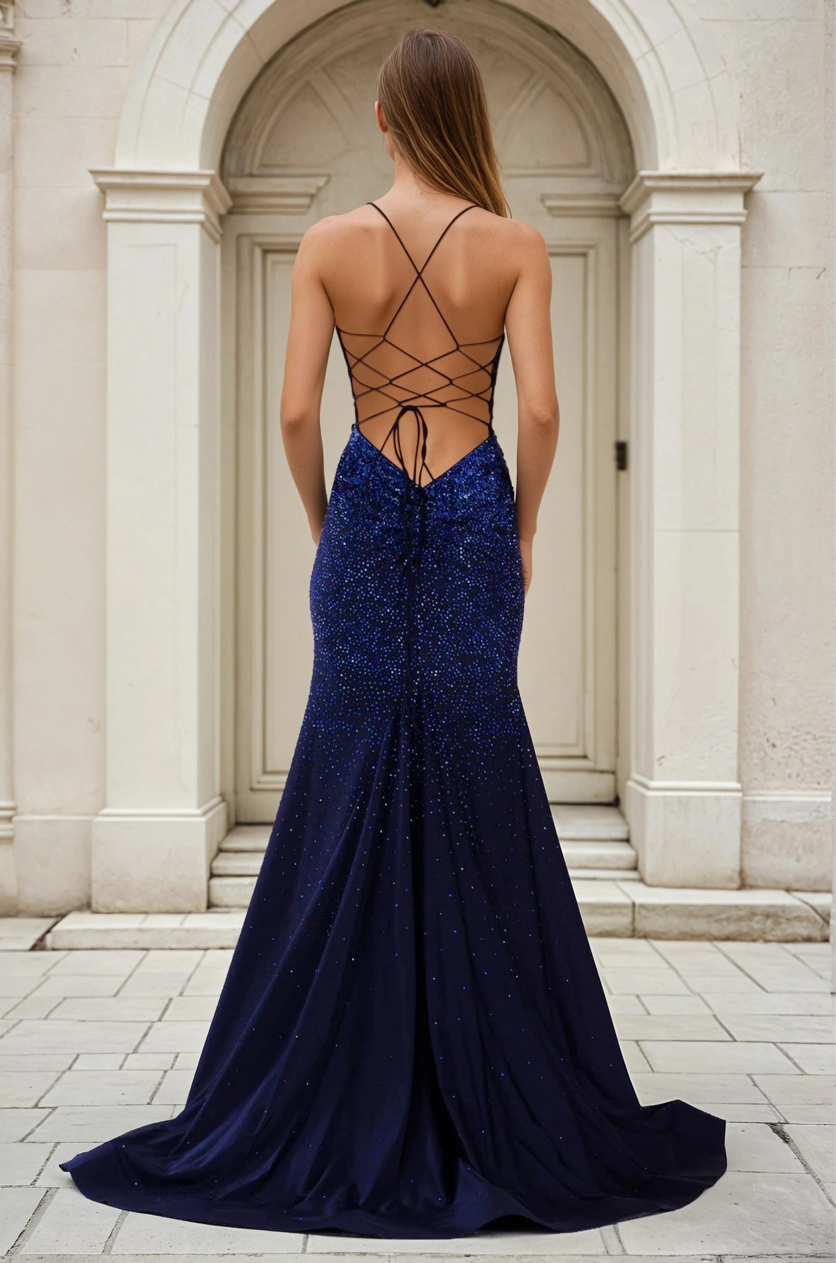 KARINNE V-Neckline Hot Fix Diamante Mermaid Prom & Formal Dress