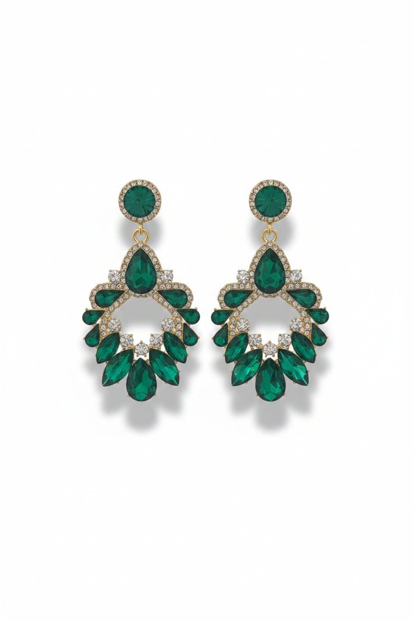 Honey Couture ALESSIA Emerald Crystal Chandelier Statement Earrings in Australia | One Honey Boutique