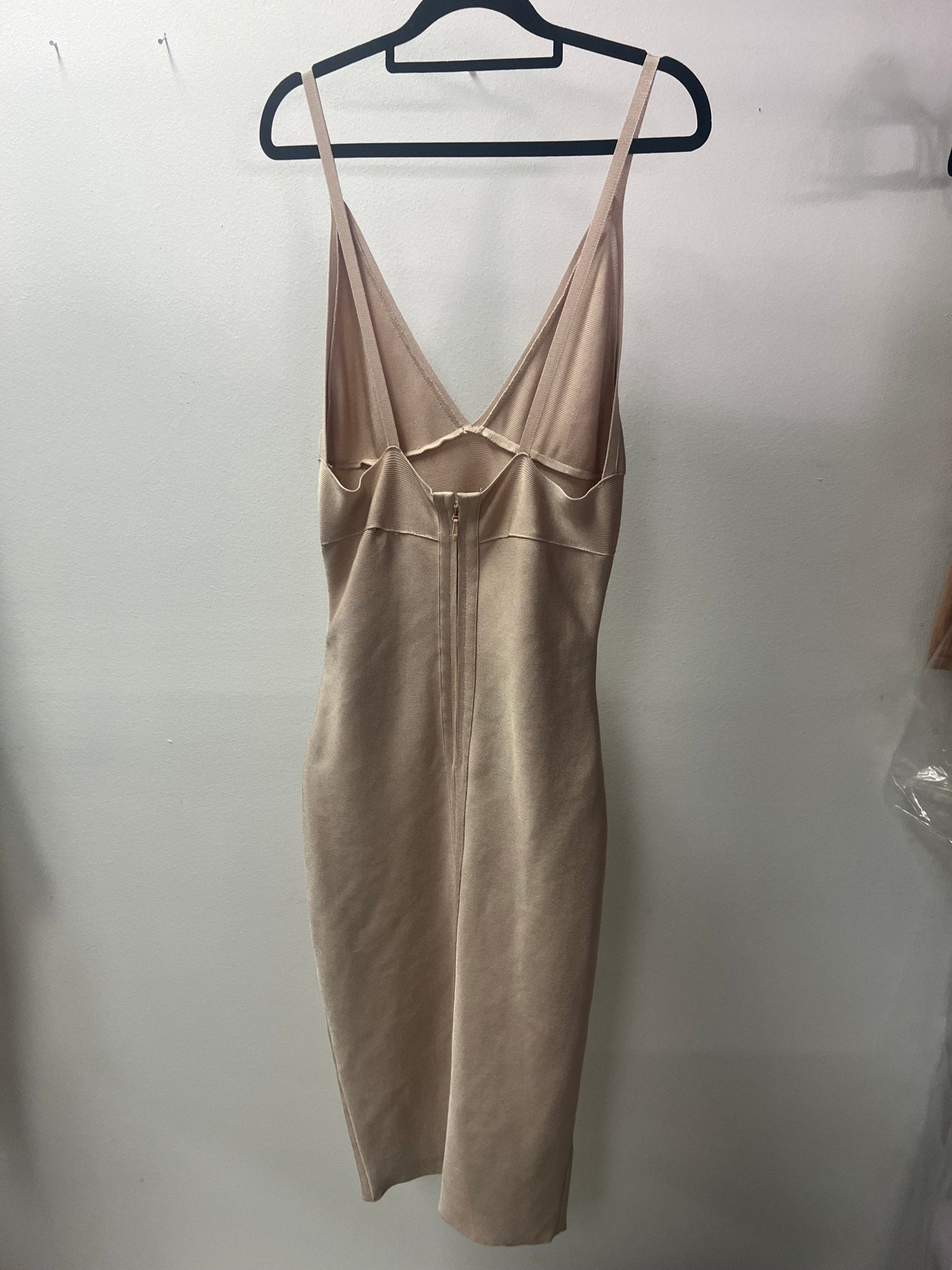 Honey Couture AMELIE Plunge Neck Bandage Midi Dress in Nude in Australia | One Honey Boutique