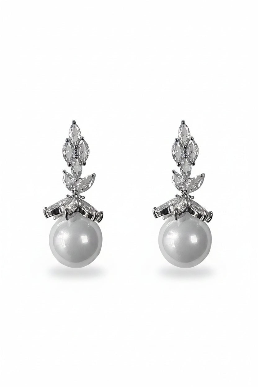 Honey Couture AURÉLIE Crystal Leaf Pearl Drop Earrings in Australia | One Honey Boutique