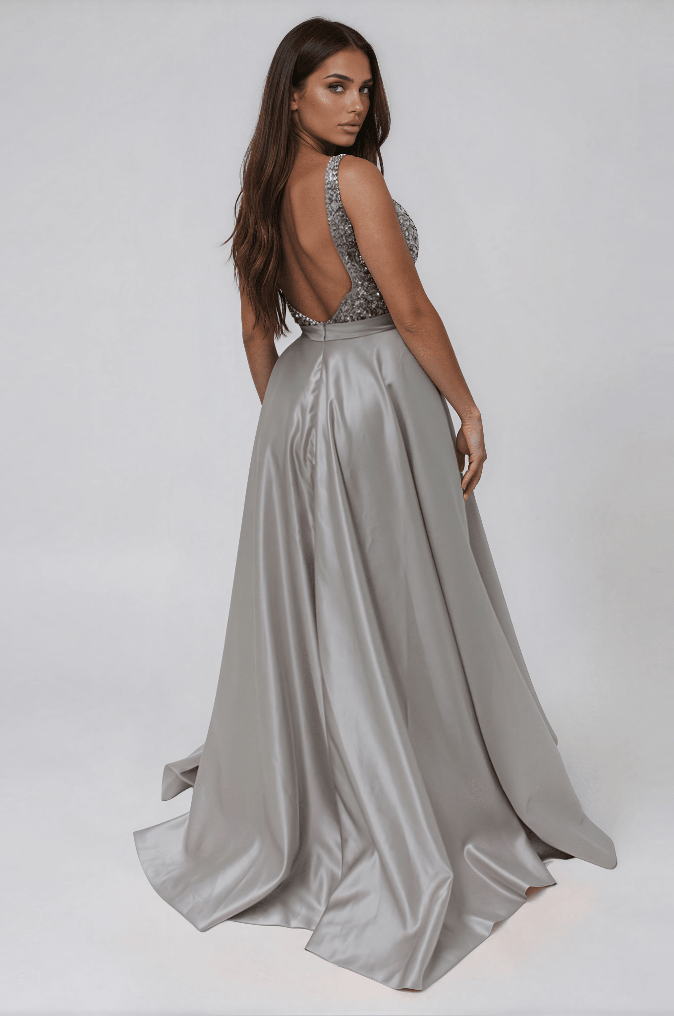 Honey Couture BROYN Silver Diamante Front Princess Ball Formal Gown Dress in Australia | One Honey Boutique