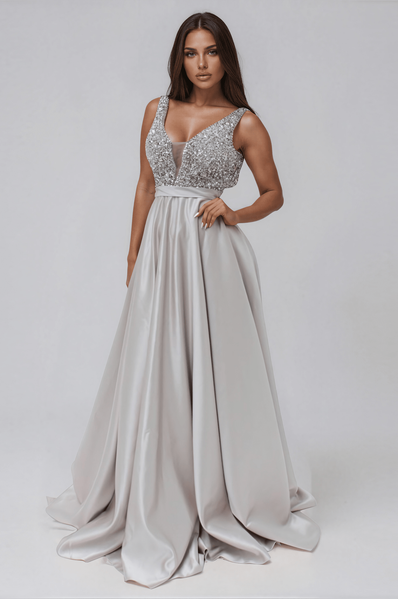 Honey Couture BROYN Silver Diamante Front Princess Ball Formal Gown Dress in Australia | One Honey Boutique