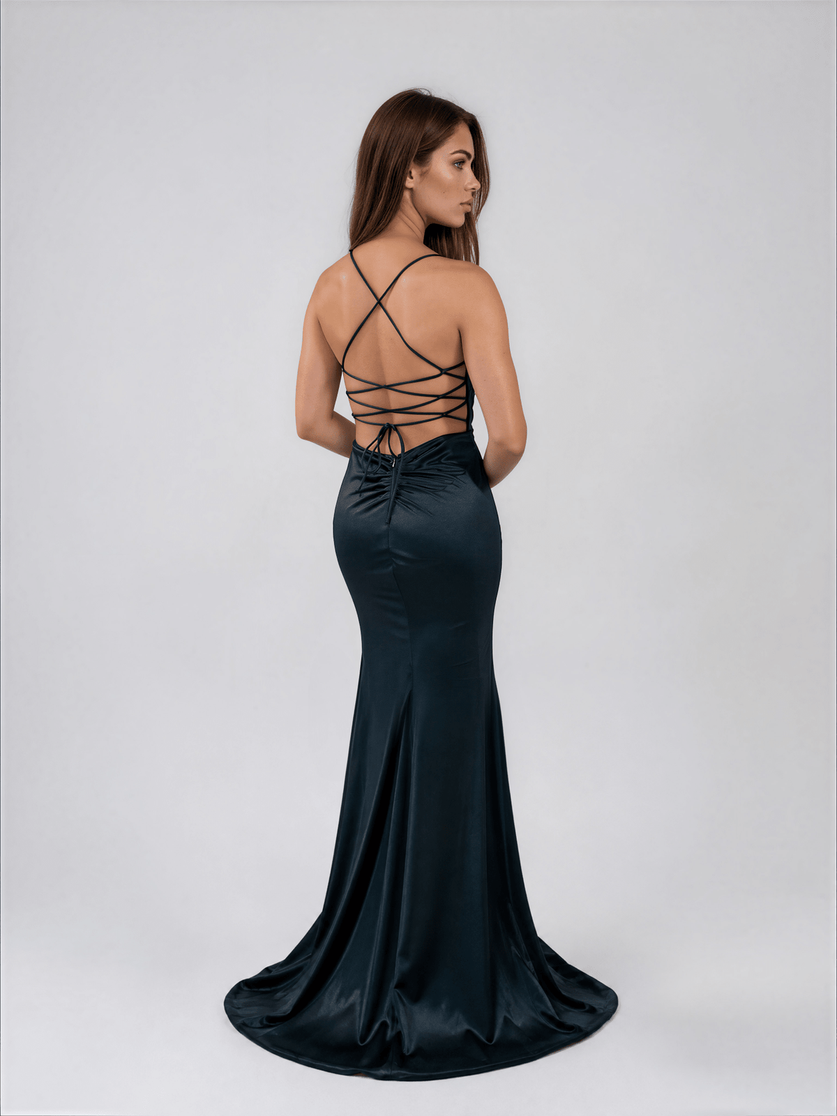Honey Couture JALI Lace Back Silky Bum Ruching Formal Dress in Australia | One Honey Boutique