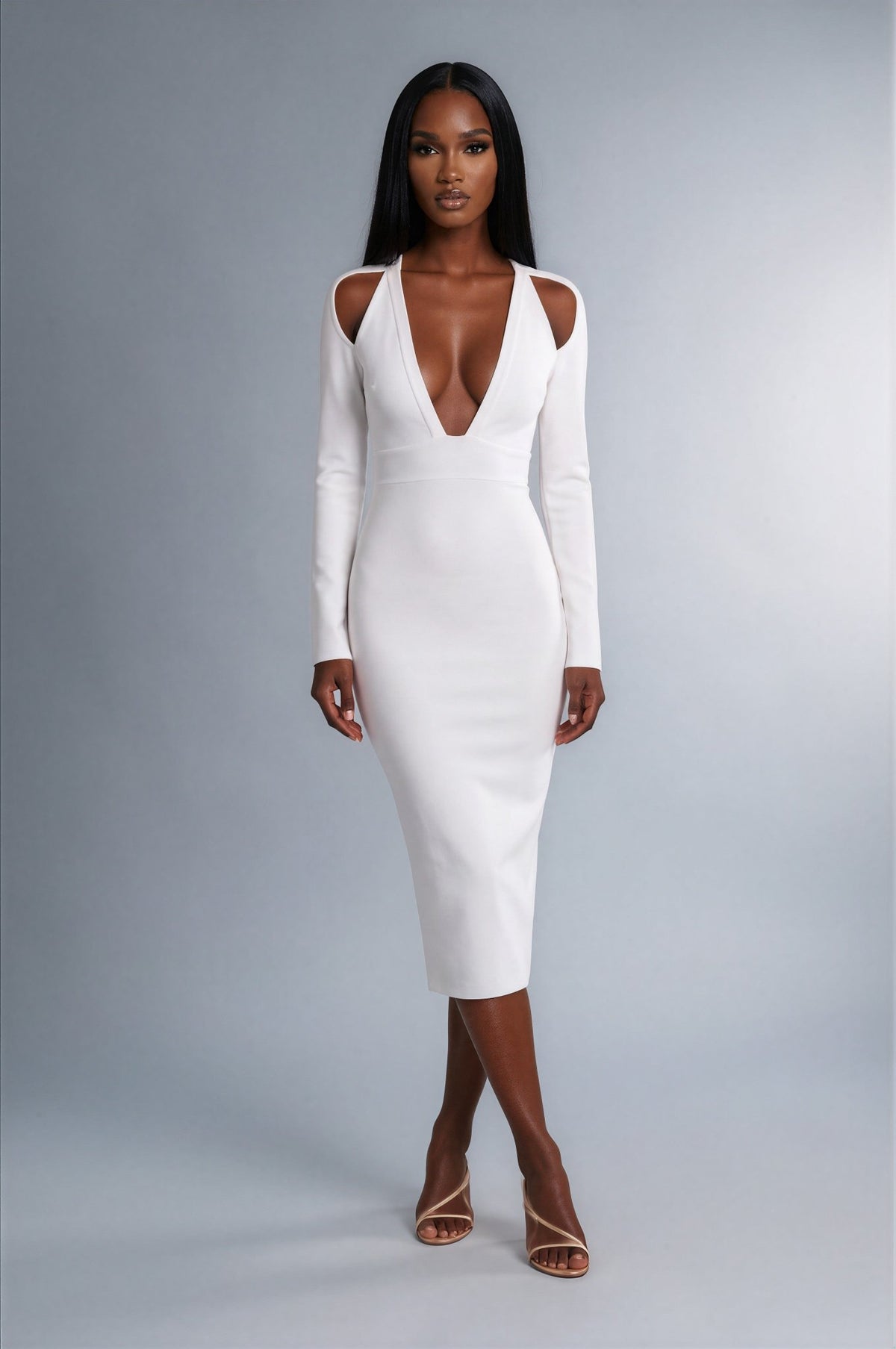 Honey Couture KENDRA White Deep V Bandage Dress in Australia | One Honey Boutique