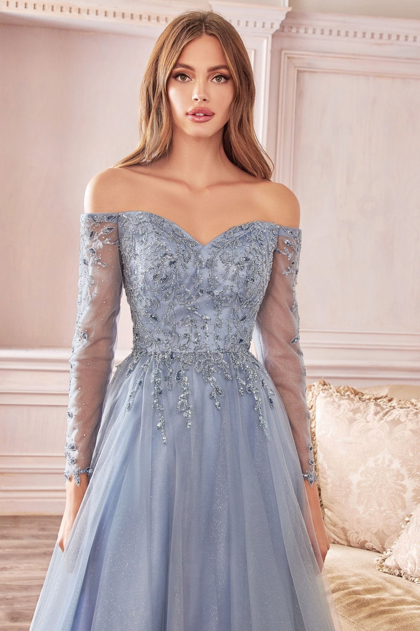 Honey Couture PATRISHA Blush Long Sleeve Beaded Tulle Formal Gown Dress in Australia | One Honey Boutique