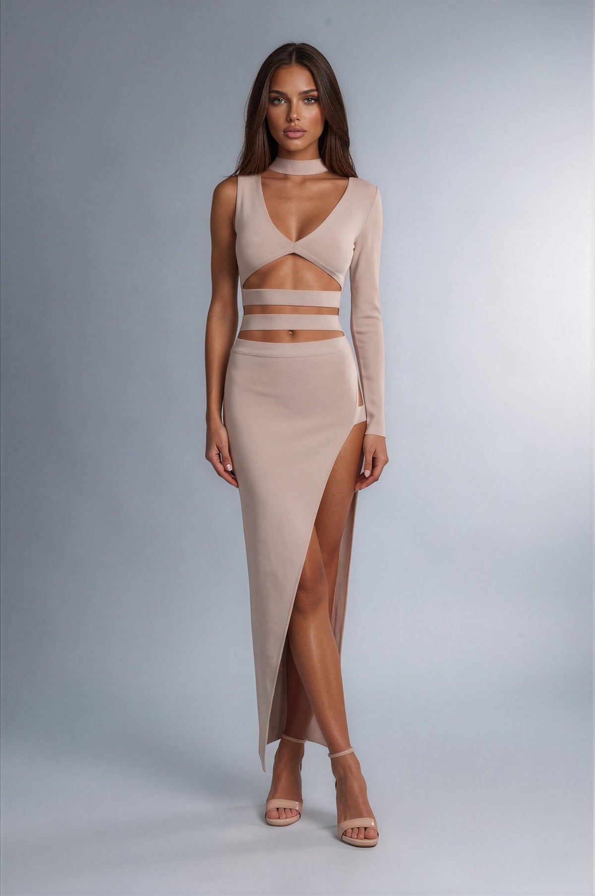 Honey Couture ROYA Taupe Silver Cut Out Bandage Maxi Dress in Australia | One Honey Boutique