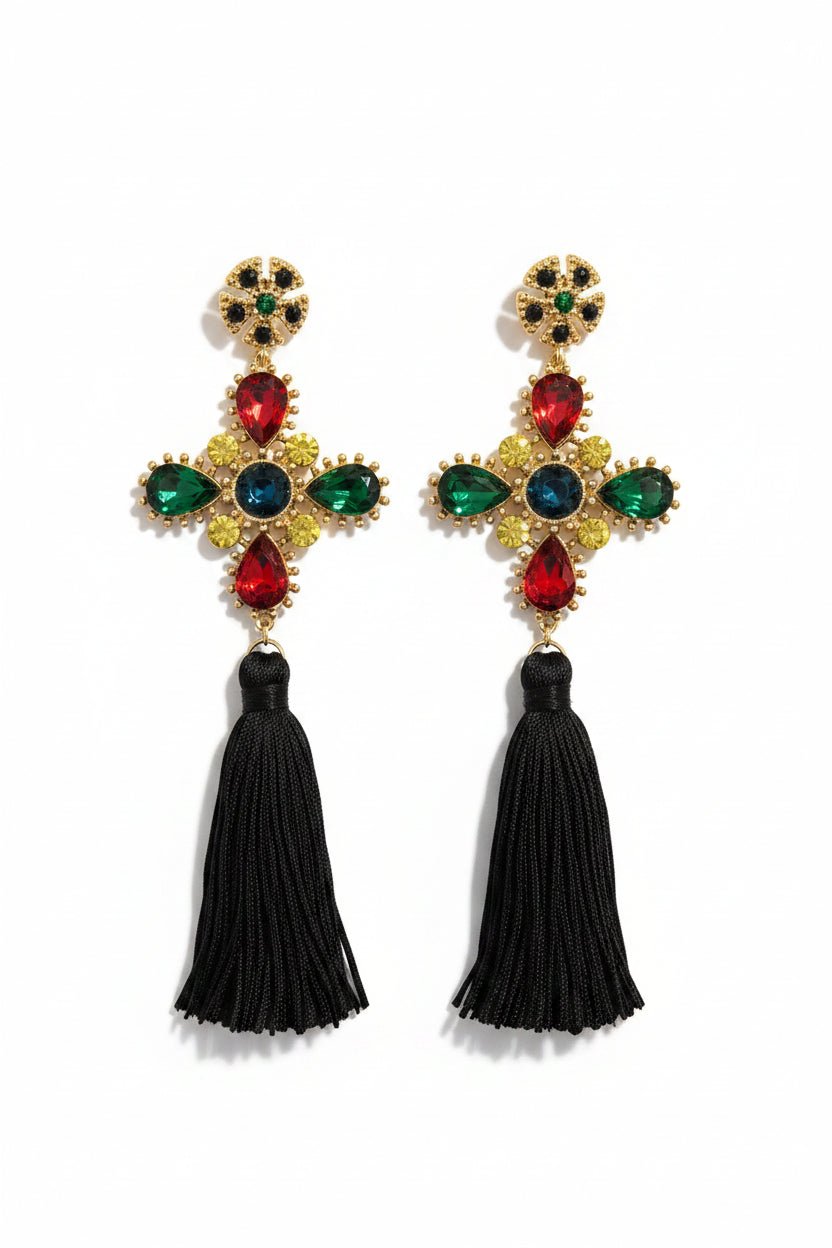 Honey Couture SAVANNAH Crystal Cross Tassel Statement Earrings in Australia | One Honey Boutique