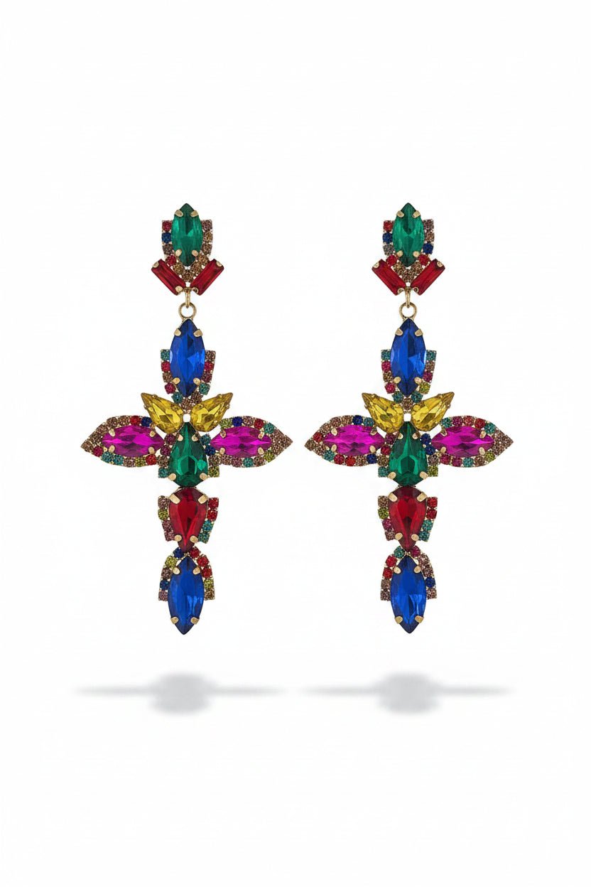 Honey Couture VALENCIA Multicolour Crystal Cross Statement Earrings in Australia | One Honey Boutique