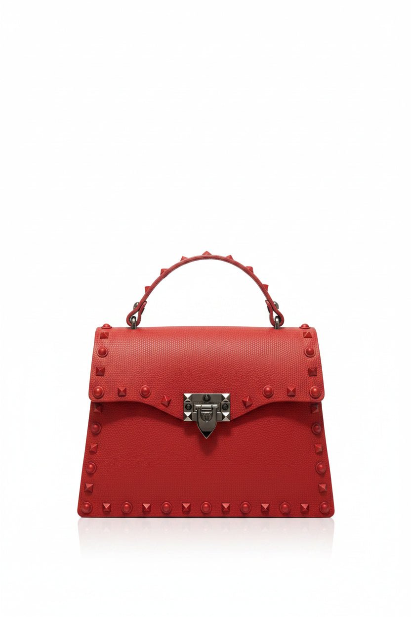 Honey Couture VIXEN Red Studded Structured Faux Leather Mini Handbag in Australia | One Honey Boutique