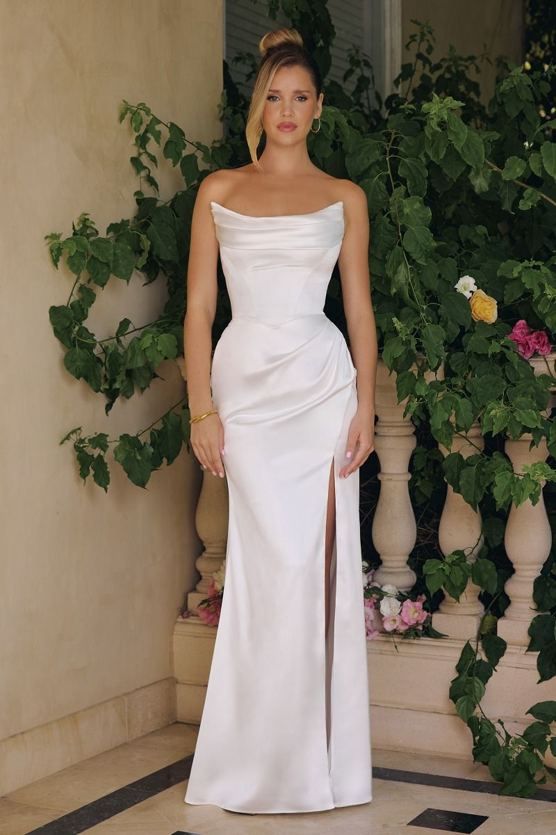 ILENE Draped Satin Fitted Formal & Bridal Gown in Australia | One Honey Boutique