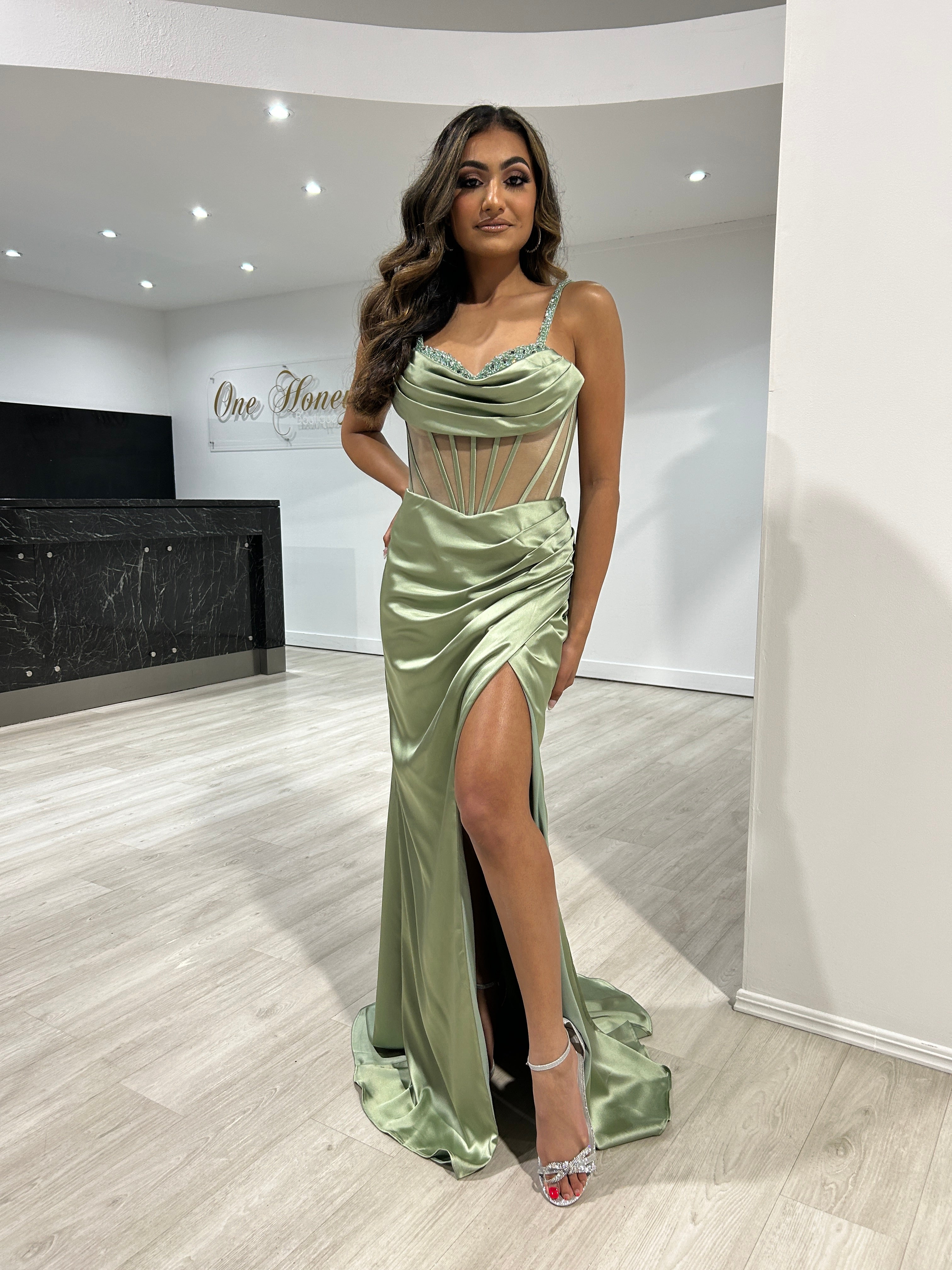 Honey Couture KAT Satin Beaded Detail Corset Bustier Formal Dress