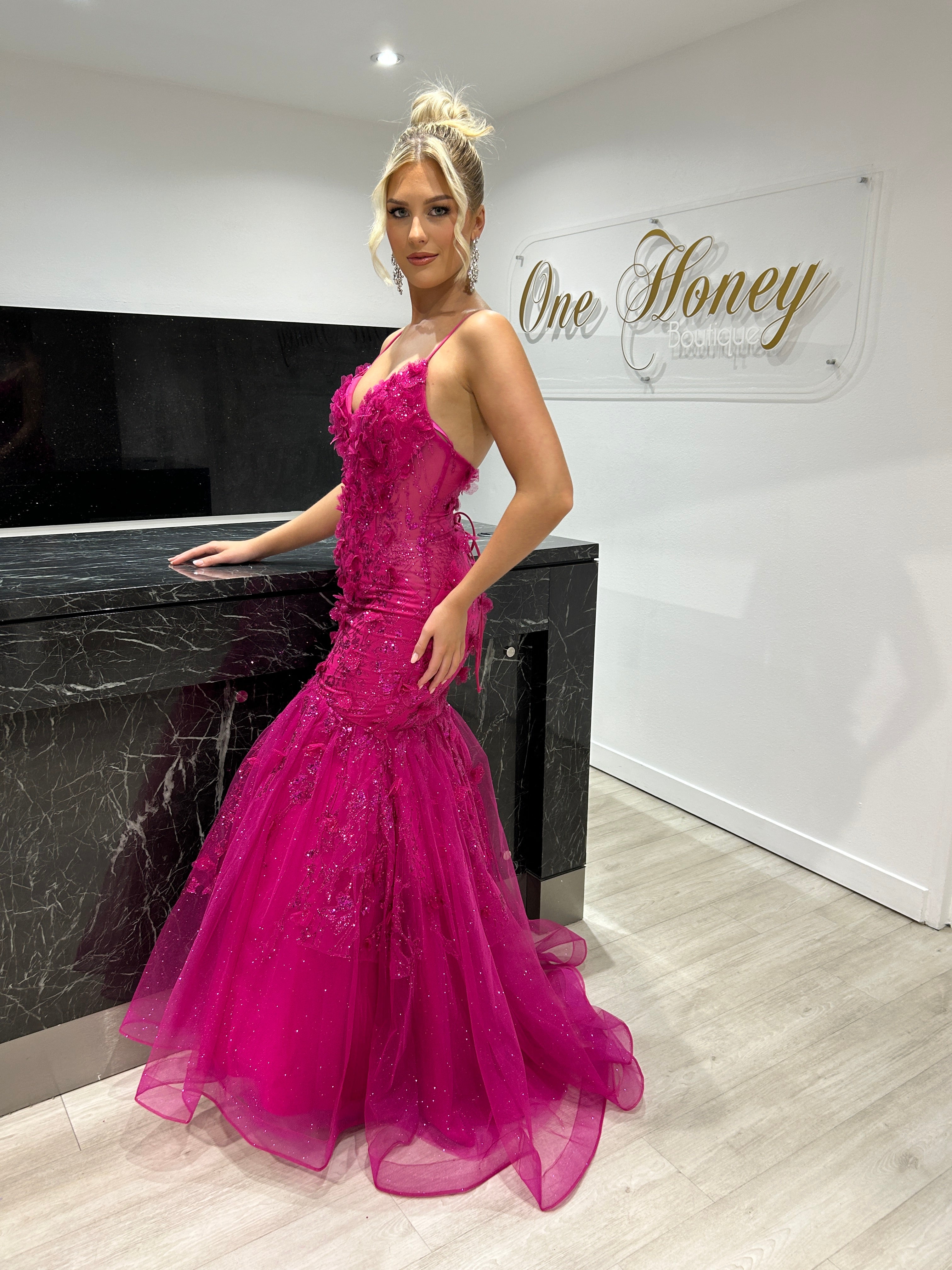 DREAM Fishtail Mermaid Dress with floral appliques and glitter print, deep V-neckline. Perfect for prom. Brisbane to Gold Coast.
