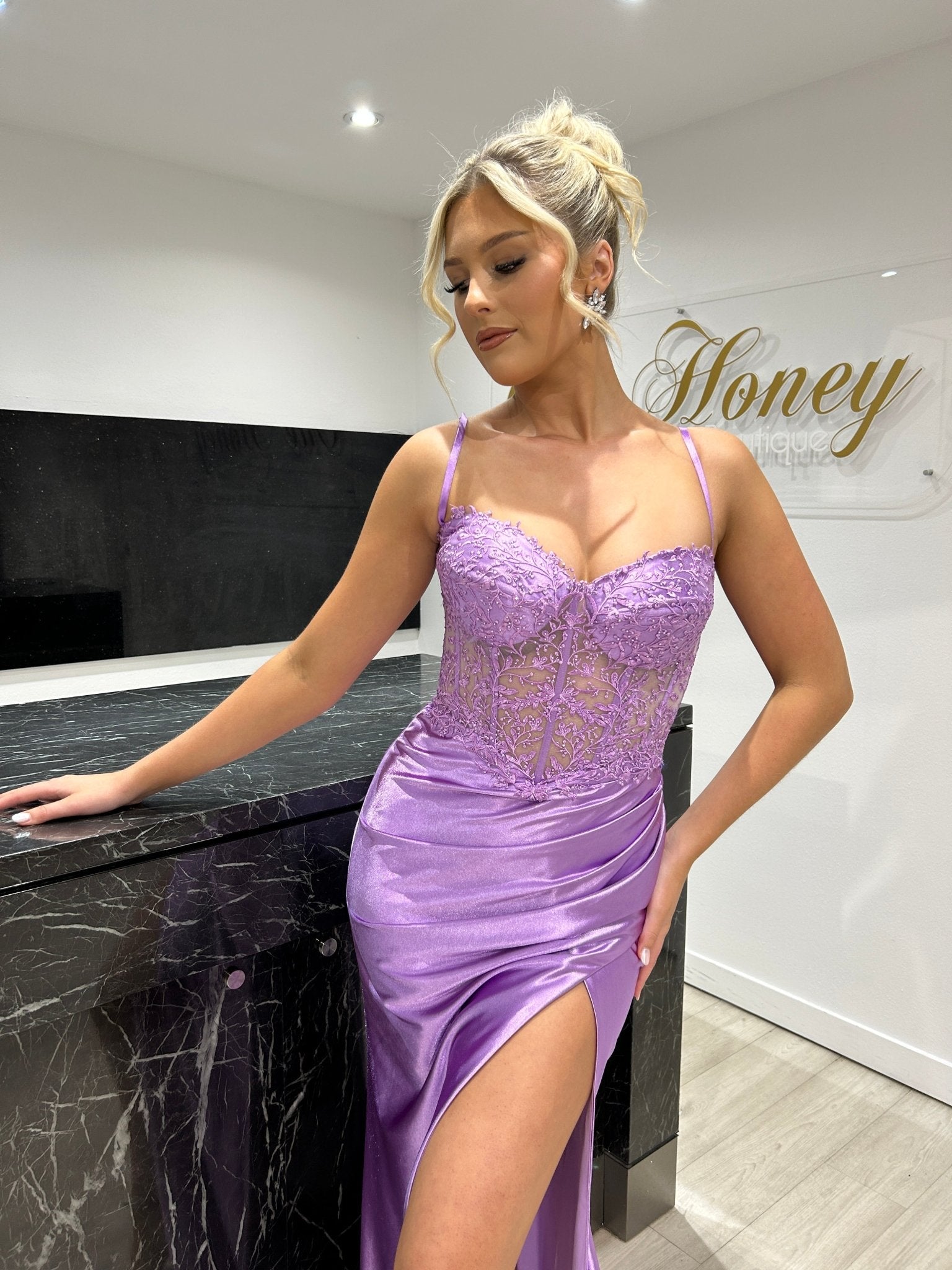 Honey Couture MYORA Embellished Bustier Satin Mermaid Formal Dress in Australia | One Honey Boutique