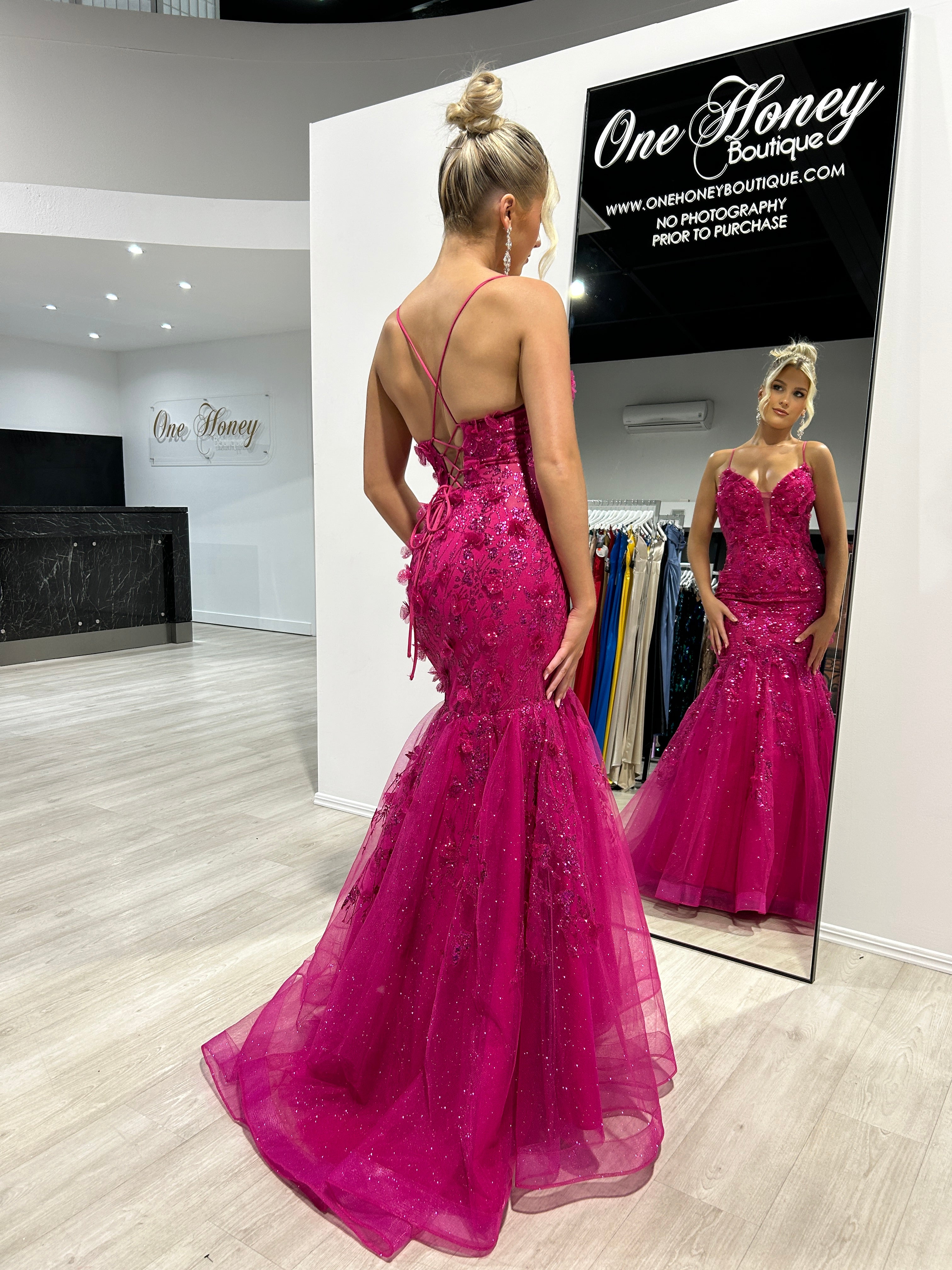 DREAM Sequin Glitter Fishtail Mermaid Formal Dress with floral appliques, deep V-neckline. Perfect for prom. Brisbane to Gold Coast.