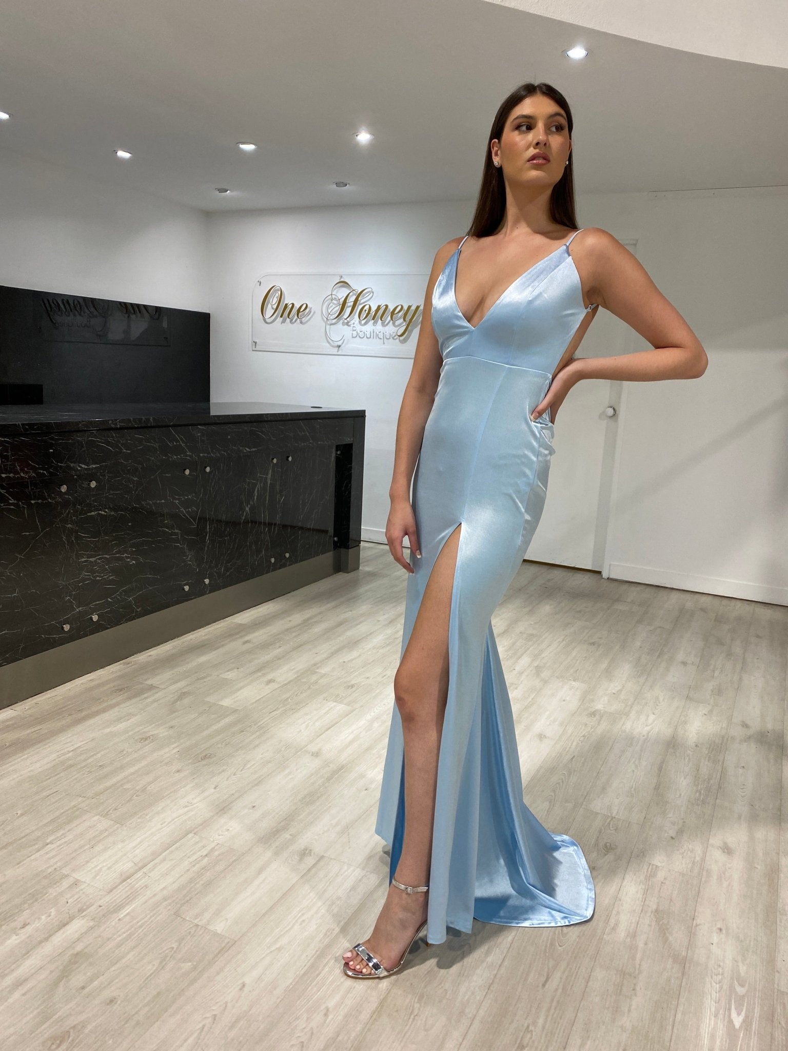 Honey Couture MILEE Baby Blue Low Back Mermaid Evening Gown Dress w Leg Split (RED TAG FINAL SALE) in Australia | One Honey Boutique