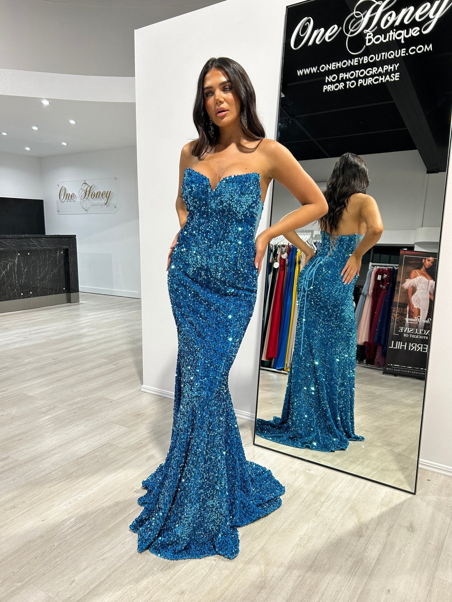 CAMPBELL Sequin Strapless Corset Mermaid Evening Gown Dress in Australia | One Honey Boutique