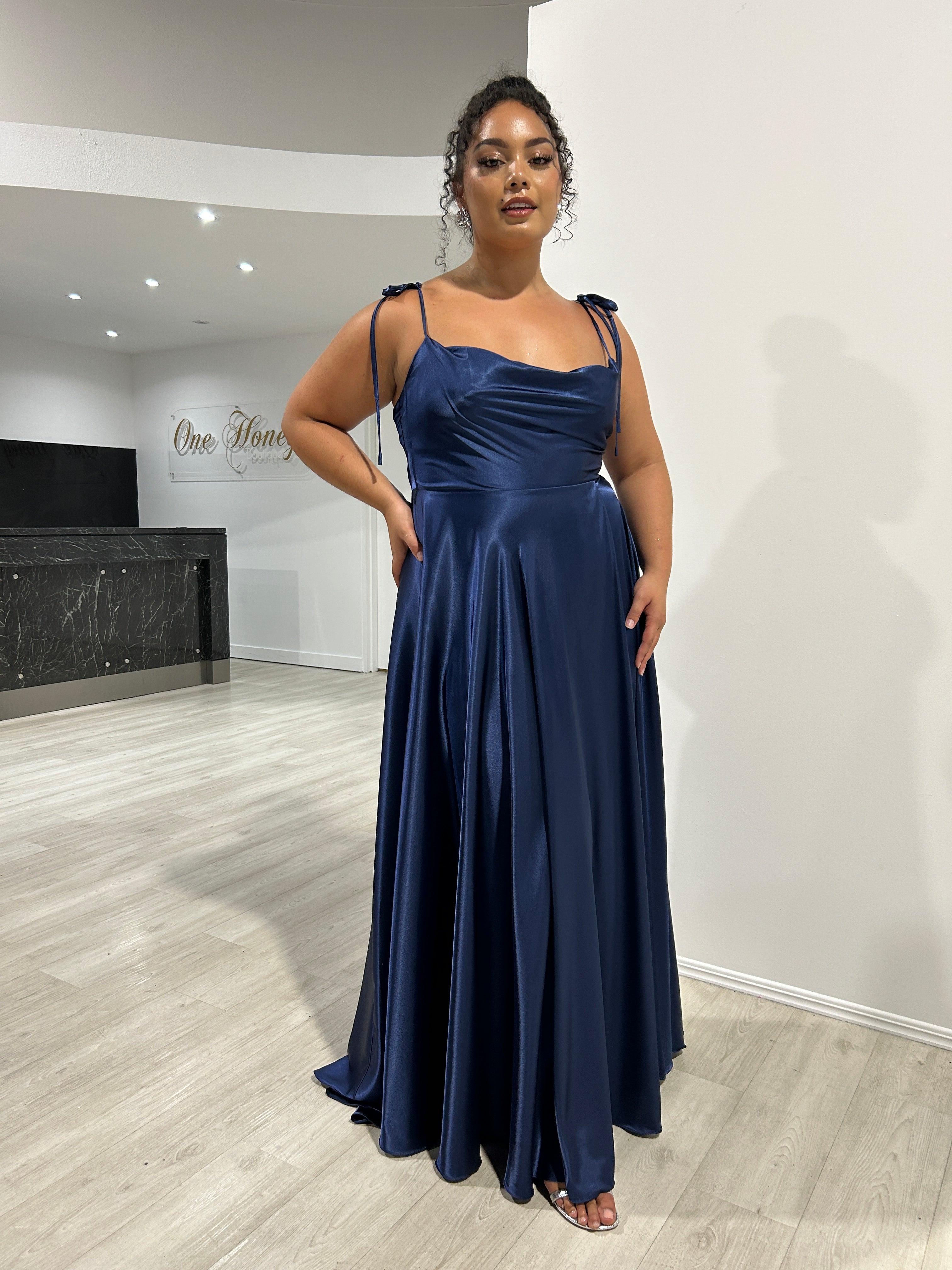 XENA silky formal dress with cowl neckline and adjustable spaghetti ties, perfect for bridesmaids and events, Brisbane to Gold Coast.