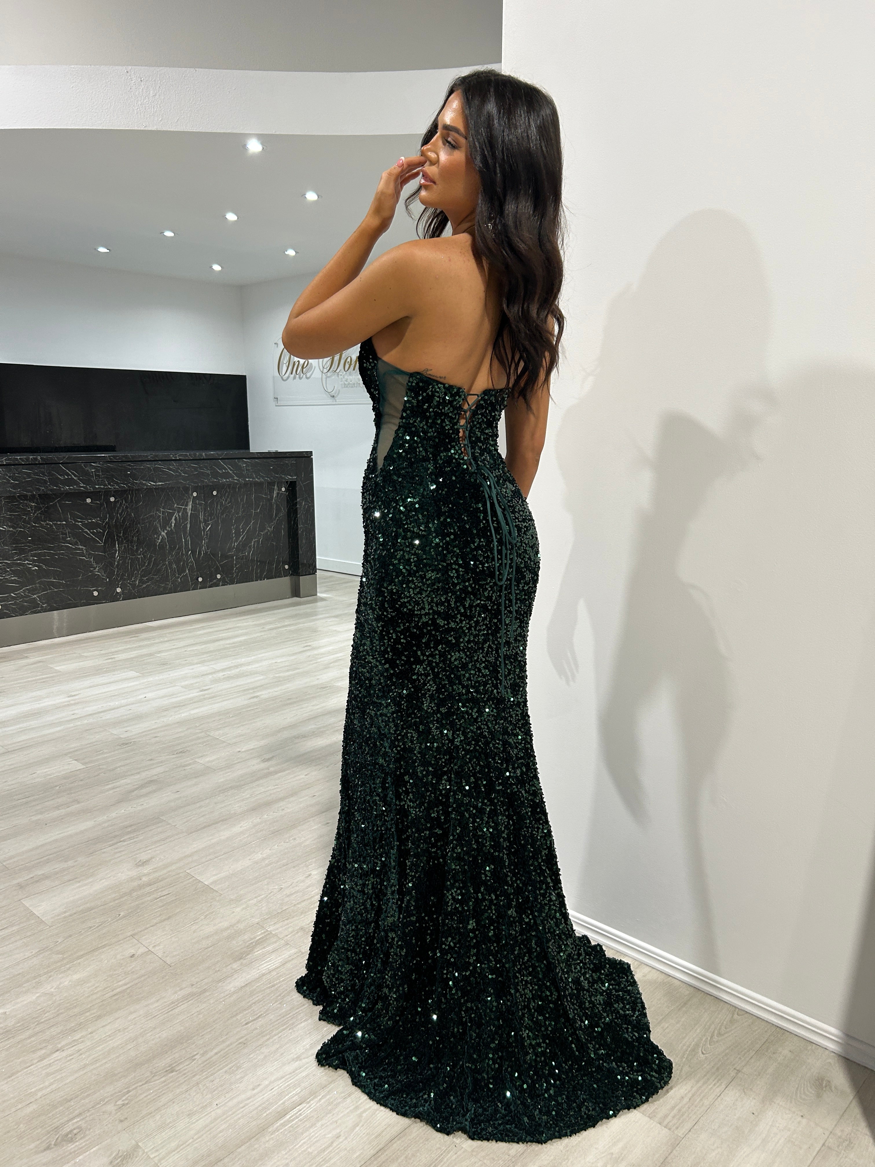 Honey Couture CAMPBELL Emerald Green Sequin Strapless Mermaid Evening Gown Dress