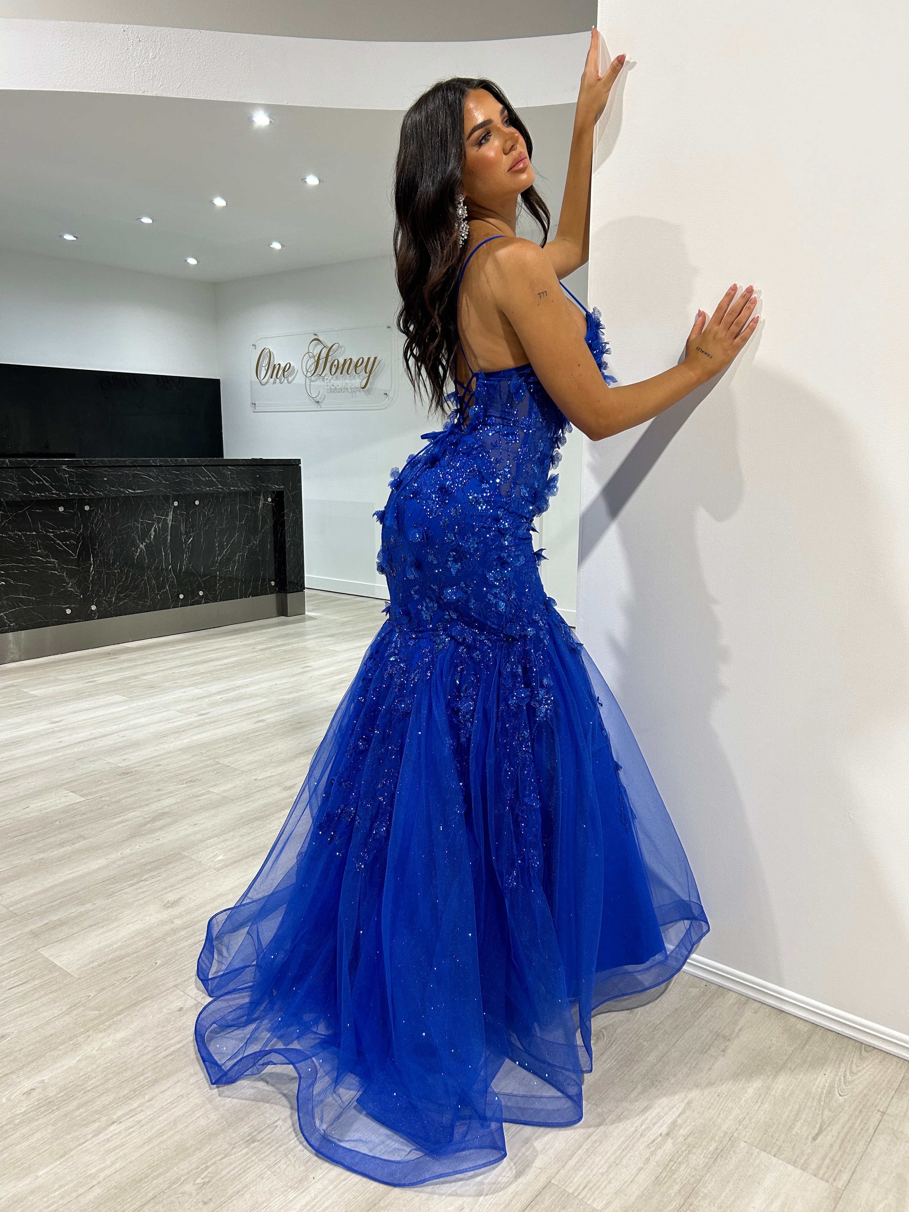 DREAM Sequin Glitter Fishtail Mermaid Formal Dress with floral appliques and shimmering glitter, evening gown. Brisbane to Gold Coast.