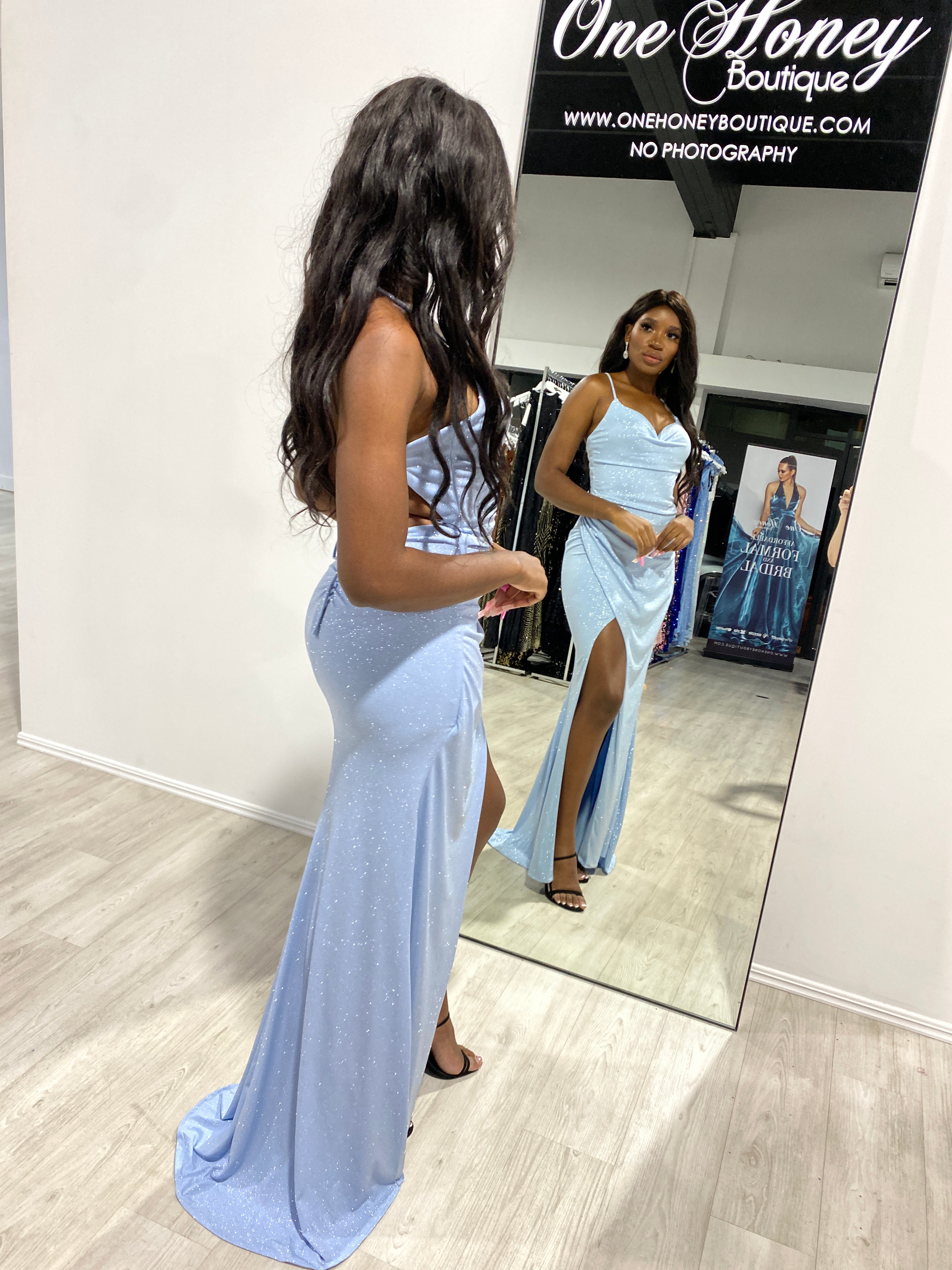 CRISTELLA Crystal Shimmer glitter corset mermaid formal gown with chic cowl neckline, daring leg slit. Brisbane to Gold Coast, Australia.