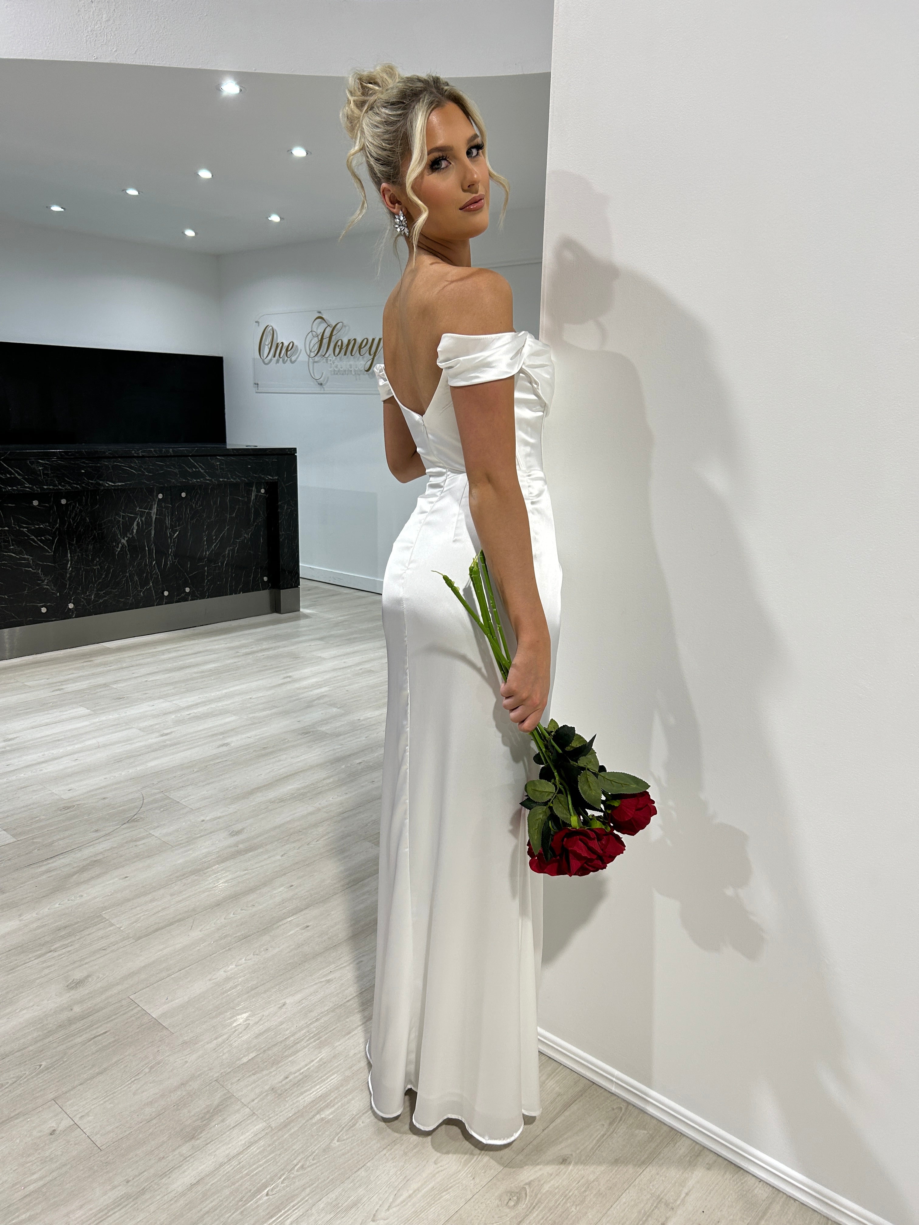 Honey Couture CECE Off White Satin Off The Shoulder Corset Bustier Formal Dress