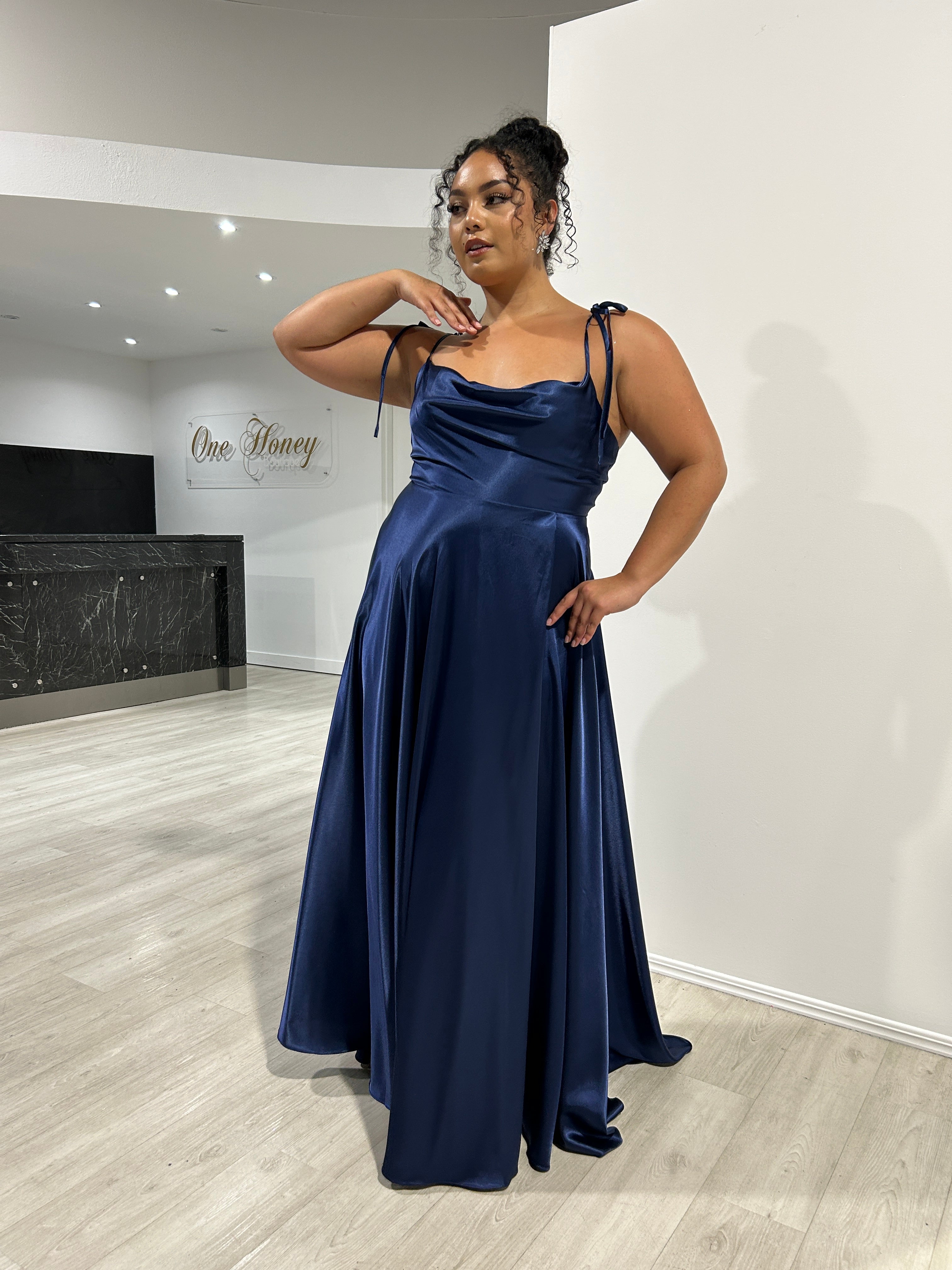 XENA silky cowl neckline dress with adjustable spaghetti ties, A-line silhouette, formal gown. Brisbane to Gold Coast, Australia.