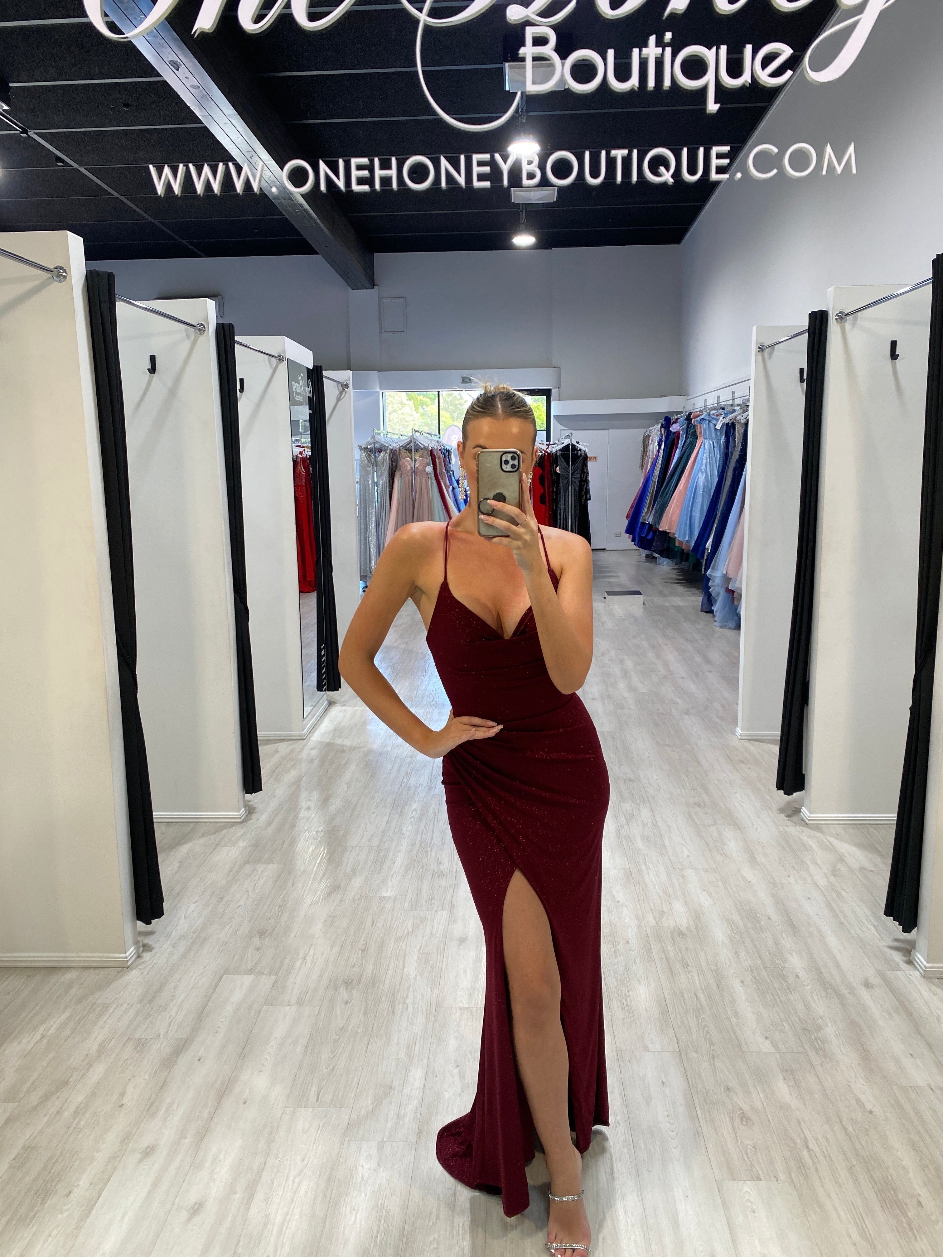 CRISTELLA glitter corset mermaid gown with chic neckline and daring slit, perfect for evening wear, Brisbane to Gold Coast.