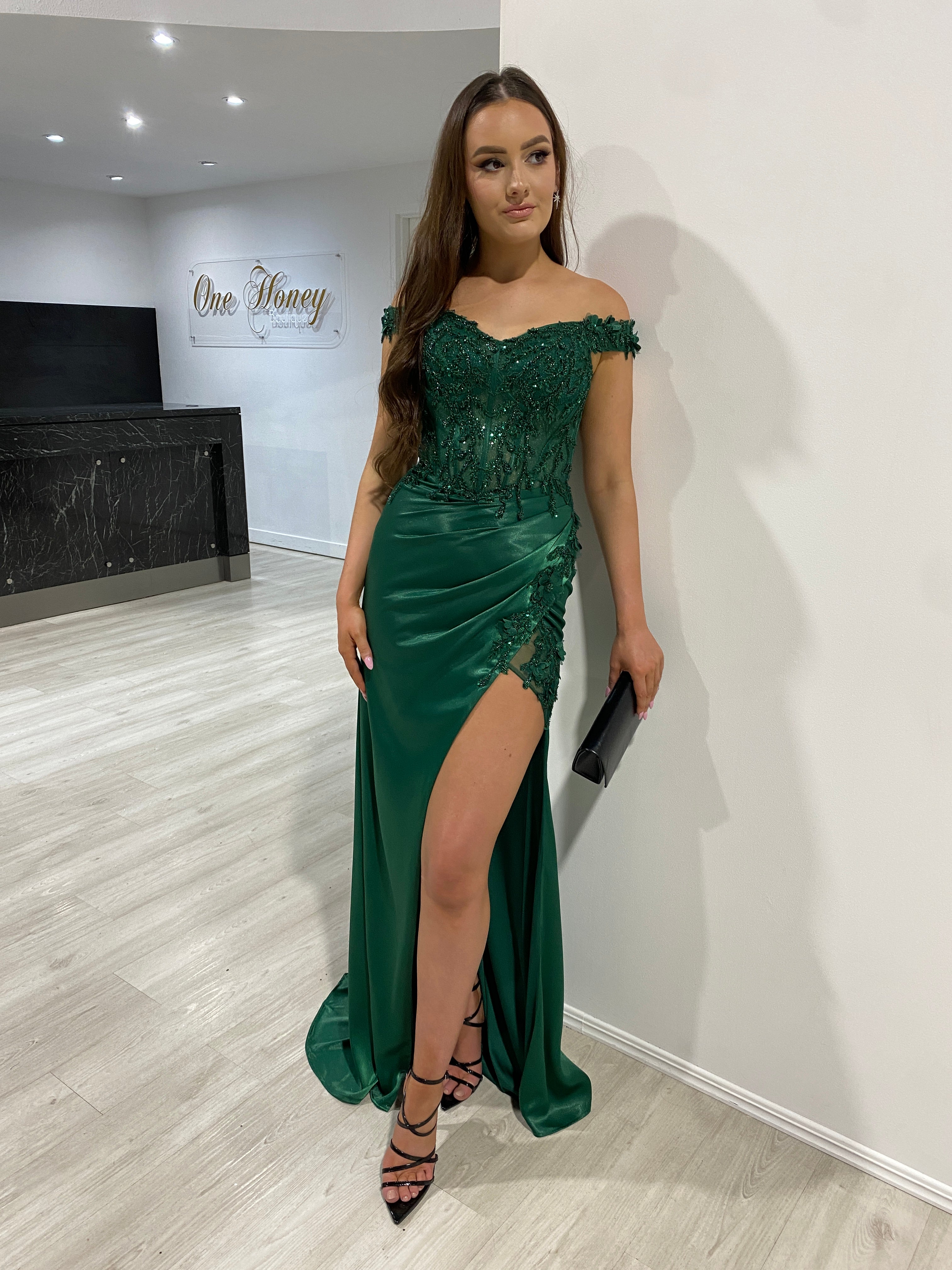 THELMA Sequin Bustier with floral off-shoulder design, satin mermaid dress, evening gown, Brisbane to Gold Coast, Australia