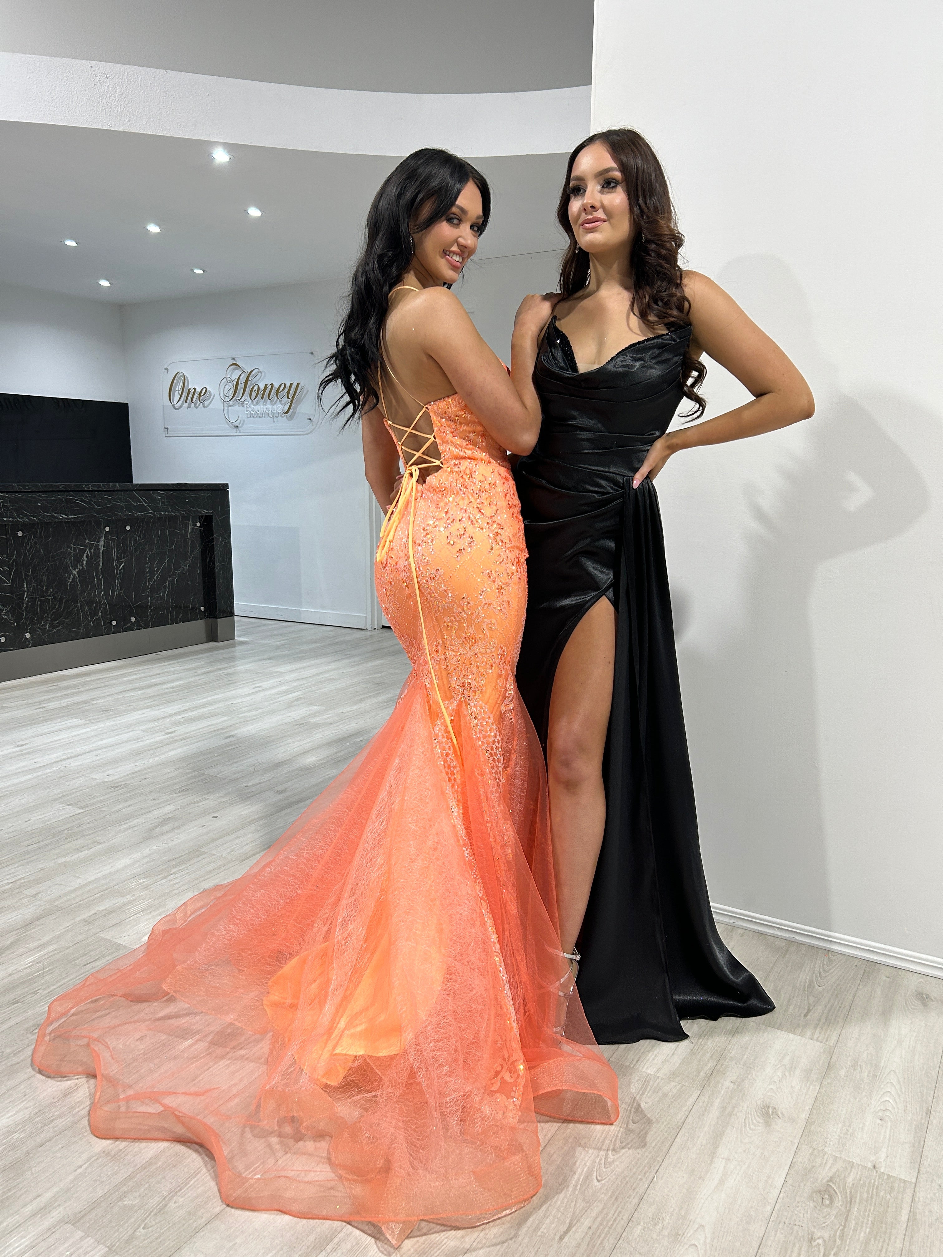 SHAYLA sequin glitter fishtail dress with lace-up back, worn as a formal evening gown. Brisbane to Gold Coast, Australia.